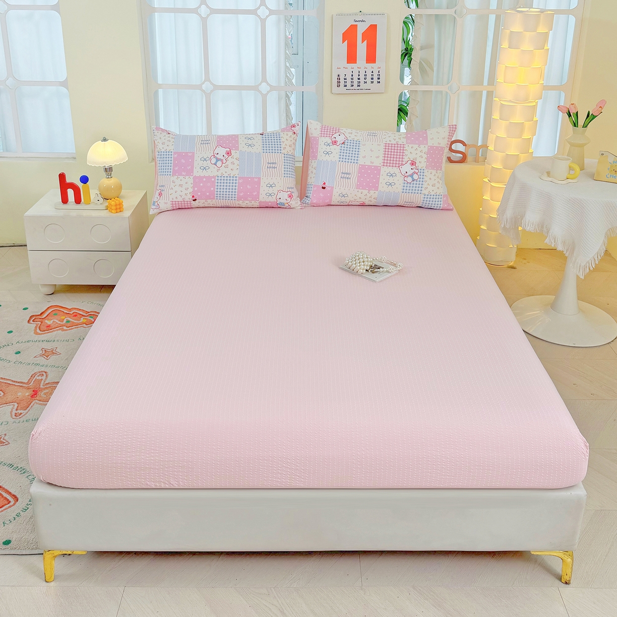 91家纺网 家纺一手货源 找家纺 悠米悠家 2026春夏新款高克重A类泡芙纱泡泡皱皱纱四件套 Kitty-蜜语格-床单款