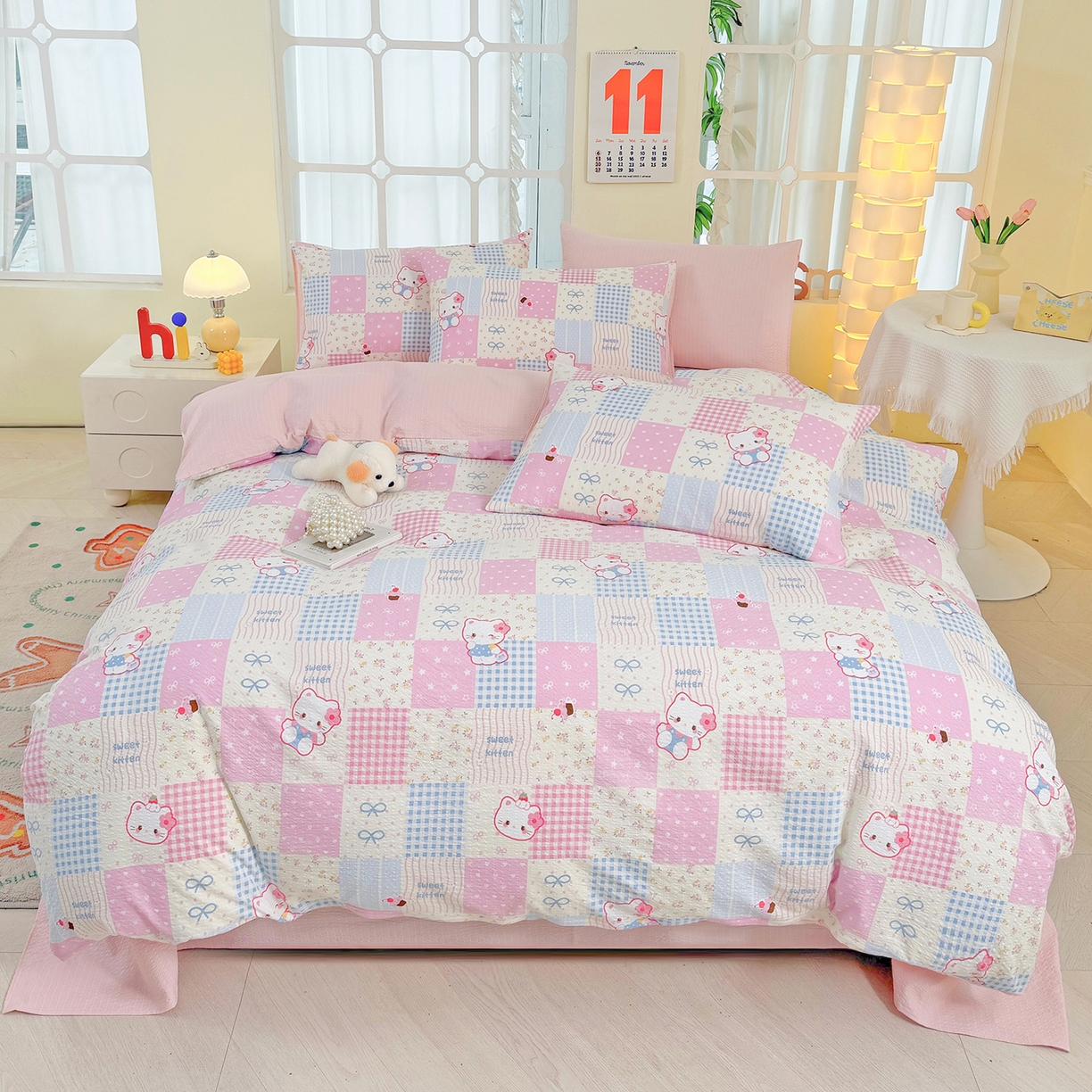 91家纺网 家纺一手货源 找家纺 悠米悠家 2026春夏新款高克重A类泡芙纱泡泡皱皱纱四件套 Kitty-蜜语格-床单款