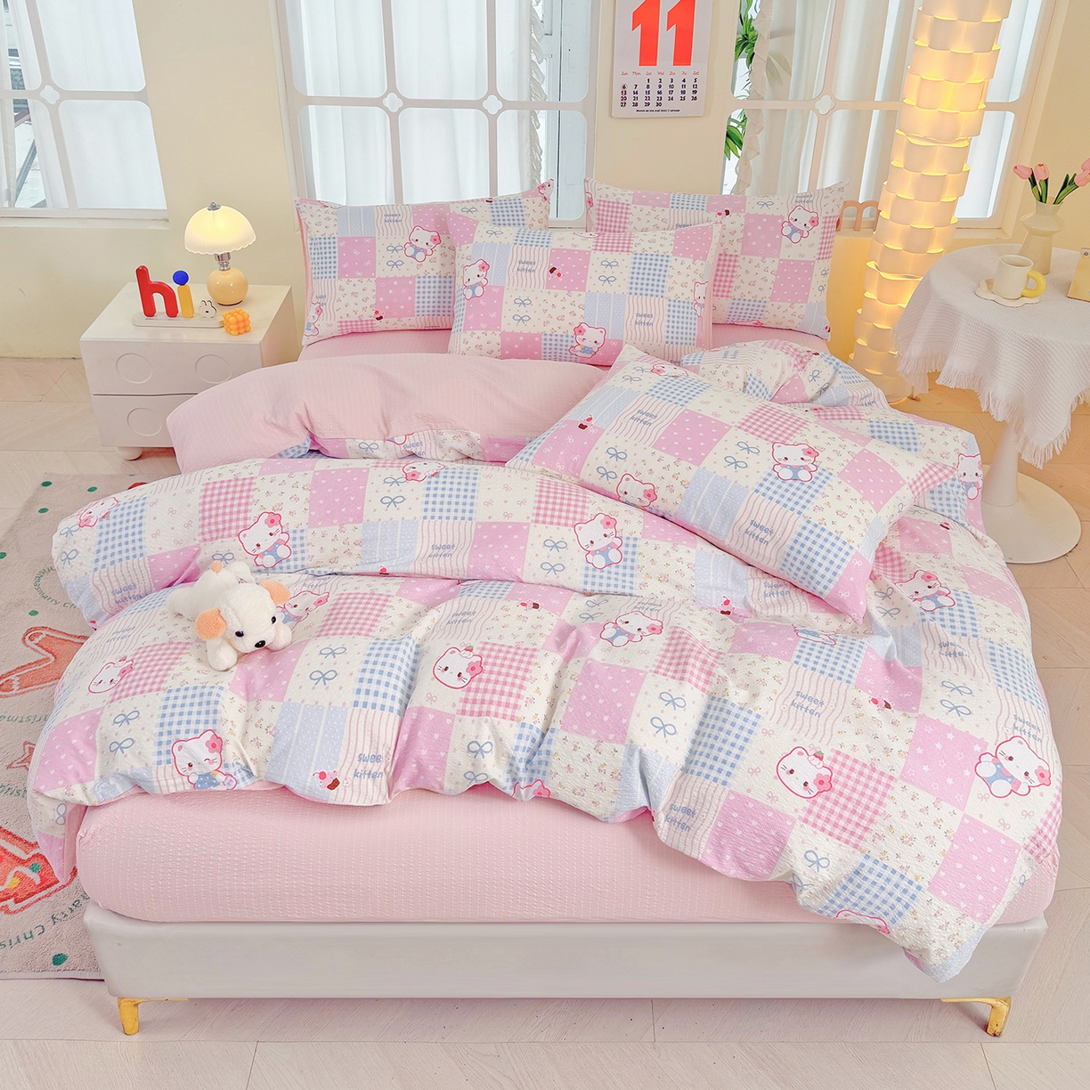 91家纺网 家纺一手货源 找家纺 悠米悠家 2026春夏新款高克重A类泡芙纱泡泡皱皱纱四件套 Kitty-蜜语格-床单款