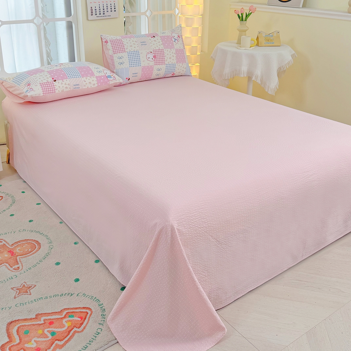 91家纺网 家纺一手货源 找家纺 悠米悠家 2026春夏新款高克重A类泡芙纱泡泡皱皱纱四件套 Kitty-蜜语格-床单款