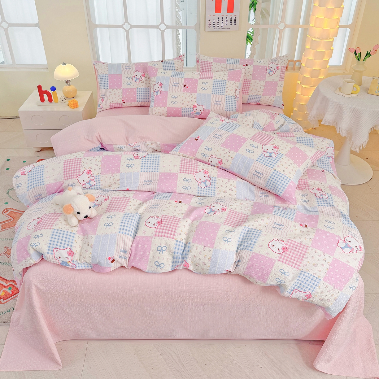 91家纺网 家纺一手货源 找家纺 悠米悠家 2026春夏新款高克重A类泡芙纱泡泡皱皱纱四件套 Kitty-蜜语格-床单款