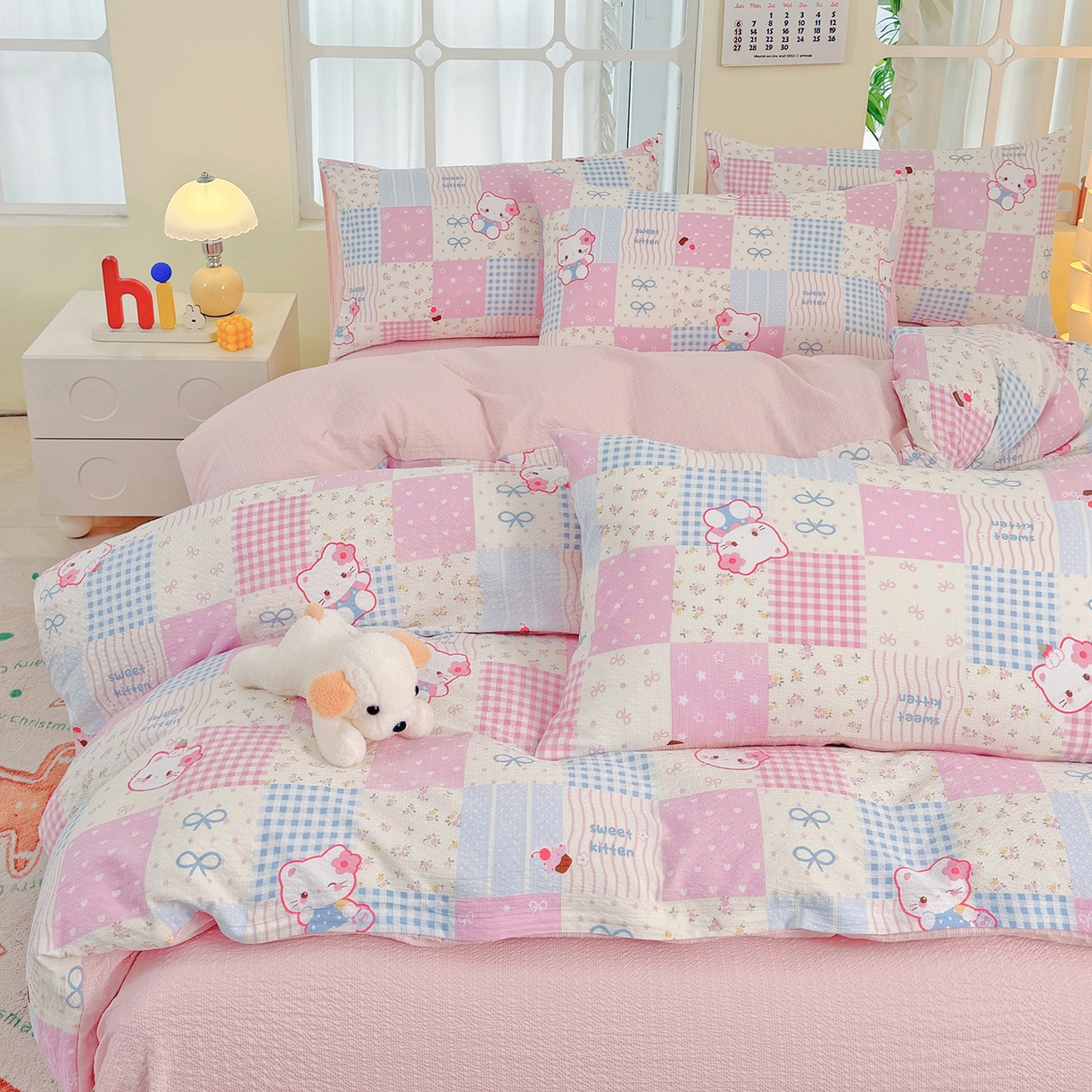 91家纺网 家纺一手货源 找家纺 悠米悠家 2026春夏新款高克重A类泡芙纱泡泡皱皱纱四件套 Kitty-蜜语格-床单款