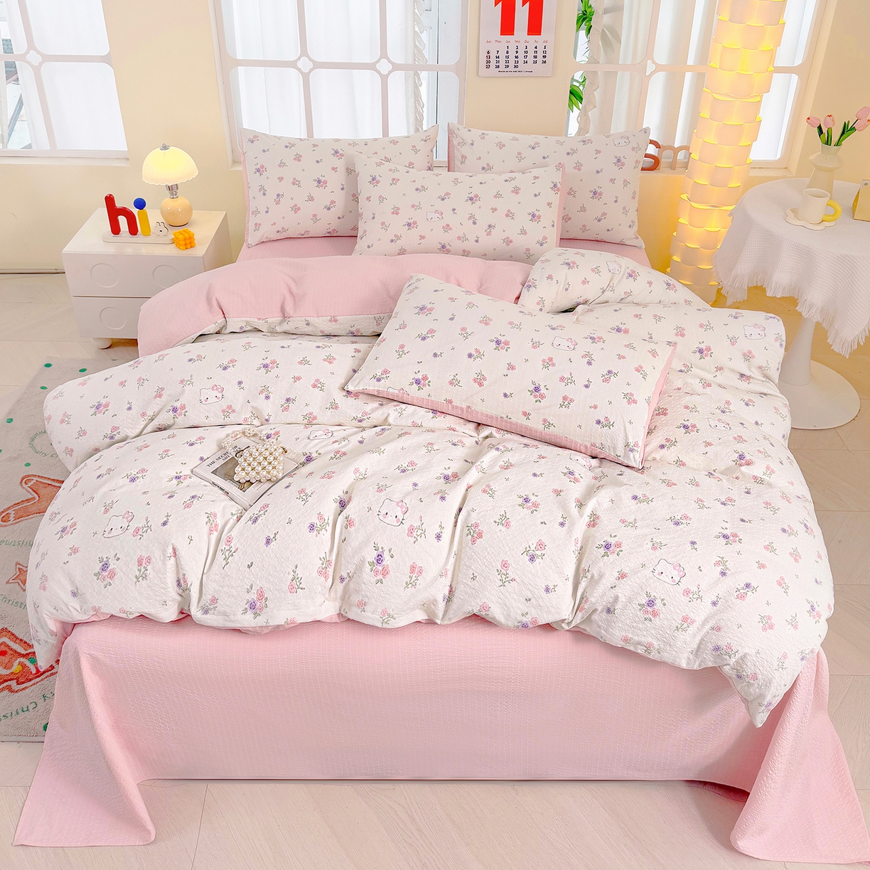 91家纺网 家纺一手货源 找家纺 悠米悠家 2026春夏新款高克重A类泡芙纱泡泡皱皱纱四件套 Kitty-春日花园-床单款
