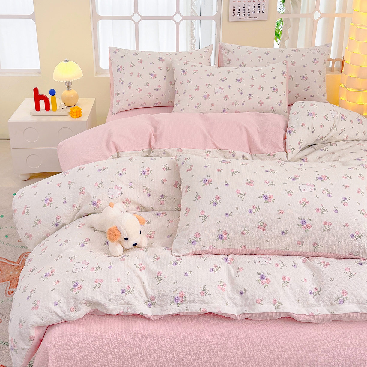 91家纺网 家纺一手货源 找家纺 悠米悠家 2026春夏新款高克重A类泡芙纱泡泡皱皱纱四件套 Kitty-春日花园-床单款
