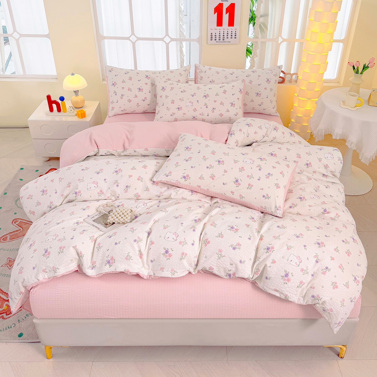 91家纺网 家纺一手货源 找家纺 悠米悠家 2026春夏新款高克重A类泡芙纱泡泡皱皱纱四件套 Kitty-春日花园-床单款
