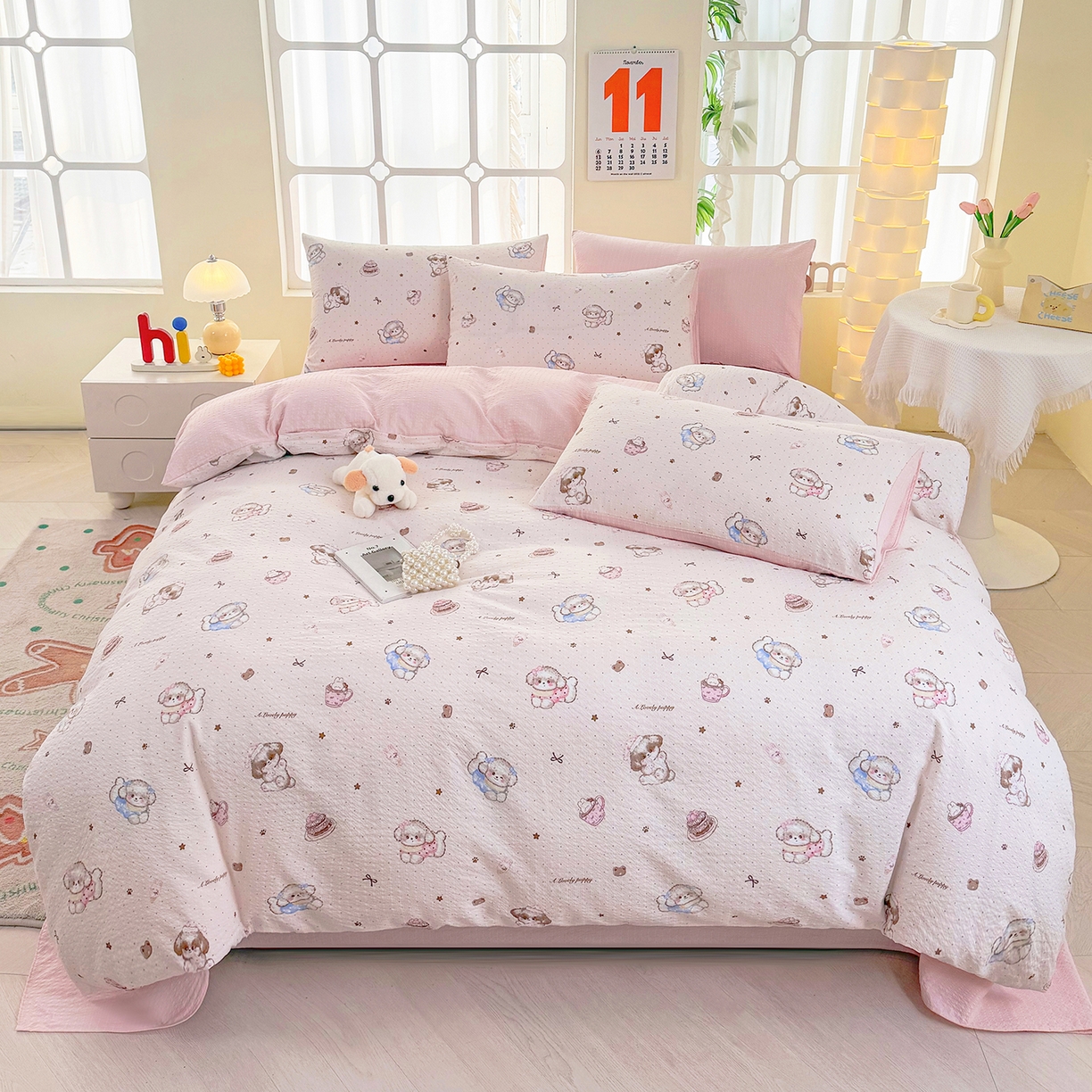 91家纺网 家纺一手货源 找家纺 悠米悠家 2026春夏新款高克重A类泡芙纱泡泡皱皱纱四件套 软糯萌犬-床单款