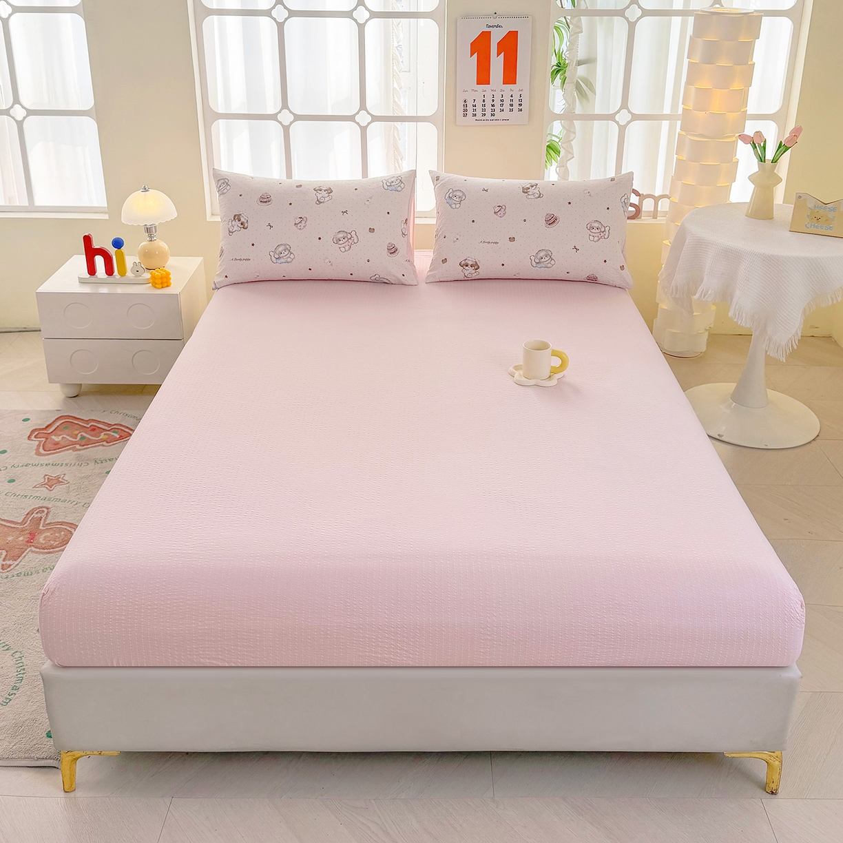 91家纺网 家纺一手货源 找家纺 悠米悠家 2026春夏新款高克重A类泡芙纱泡泡皱皱纱四件套 软糯萌犬-床单款