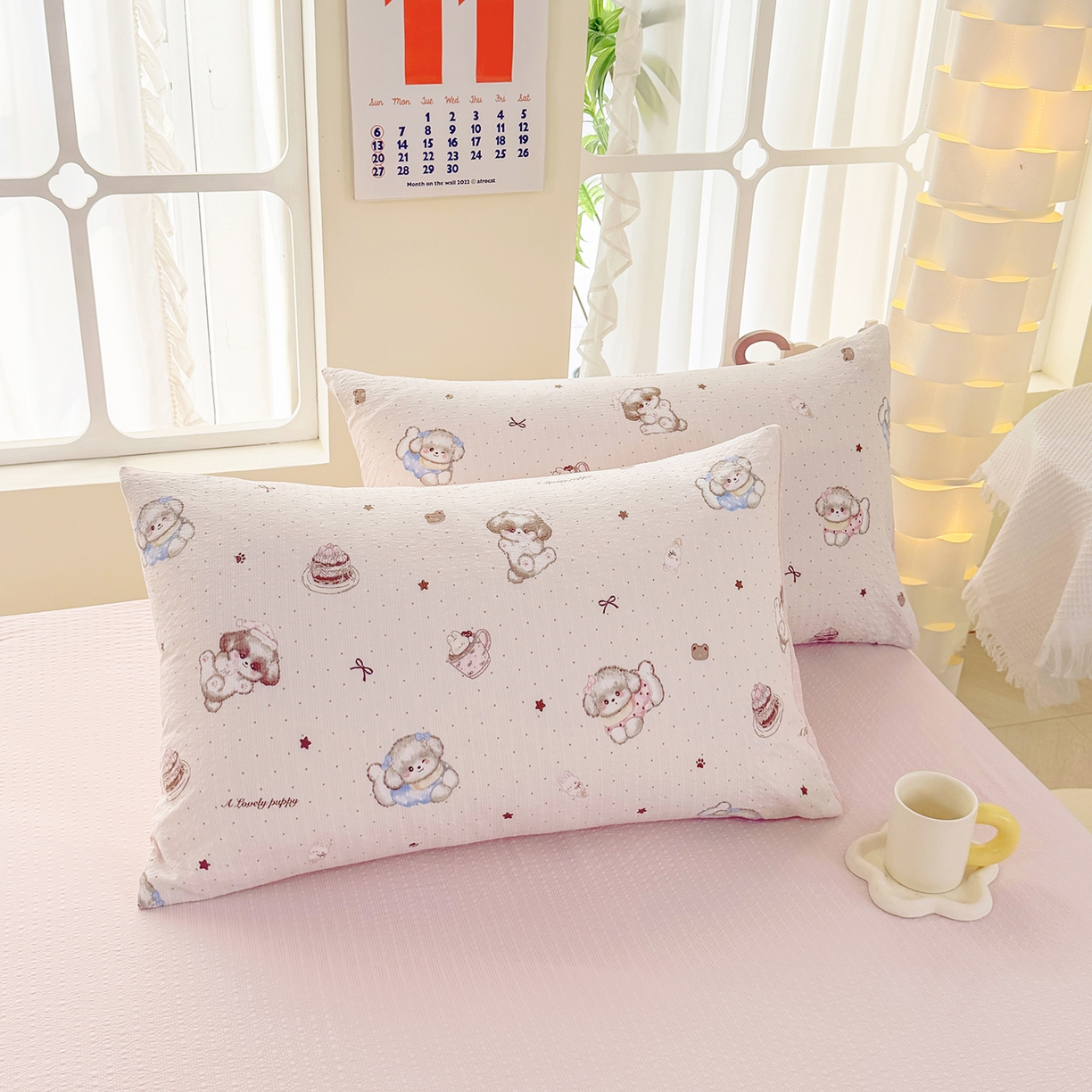 91家纺网 家纺一手货源 找家纺 悠米悠家 2026春夏新款高克重A类泡芙纱泡泡皱皱纱四件套 软糯萌犬-床单款