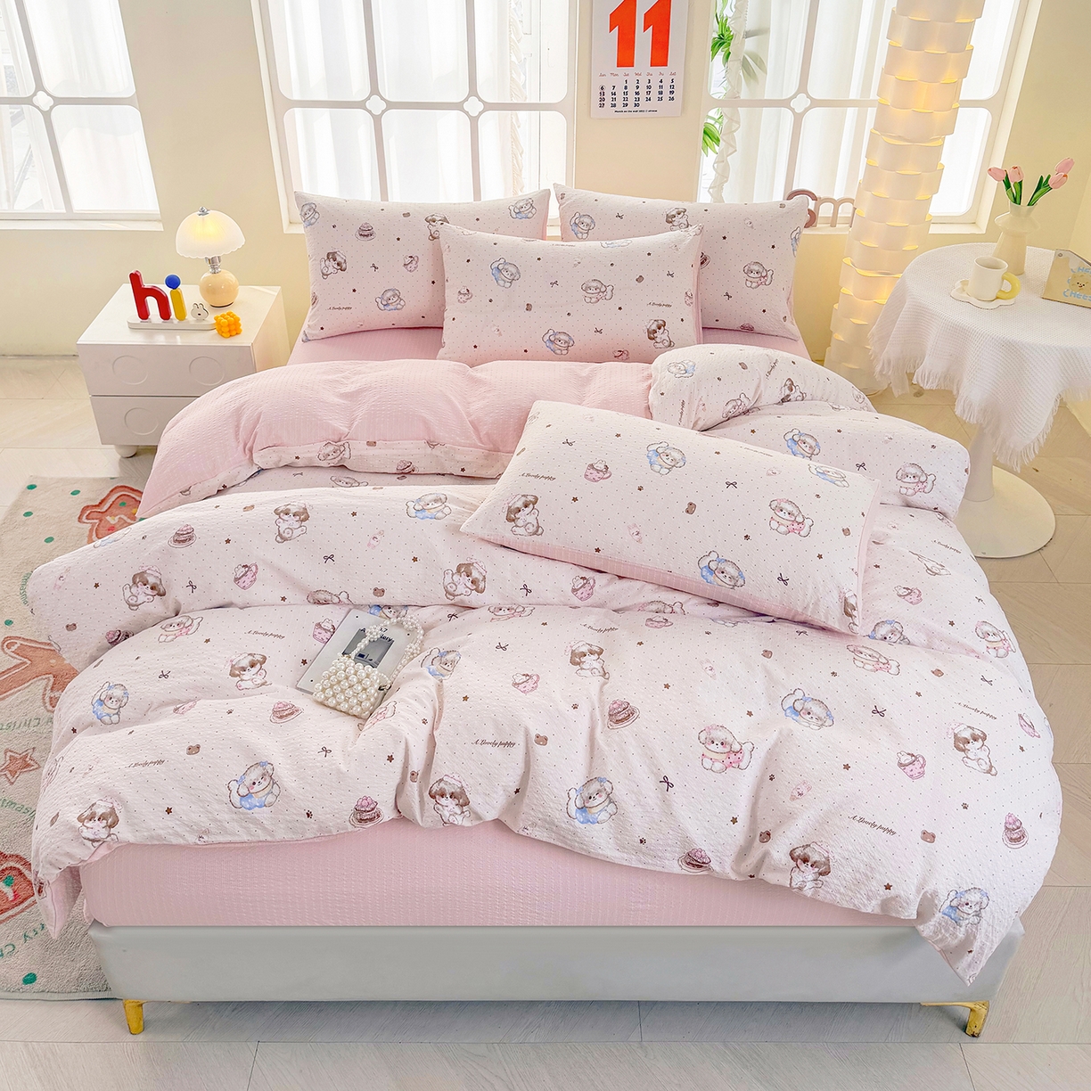 91家纺网 家纺一手货源 找家纺 悠米悠家 2026春夏新款高克重A类泡芙纱泡泡皱皱纱四件套 软糯萌犬-床单款