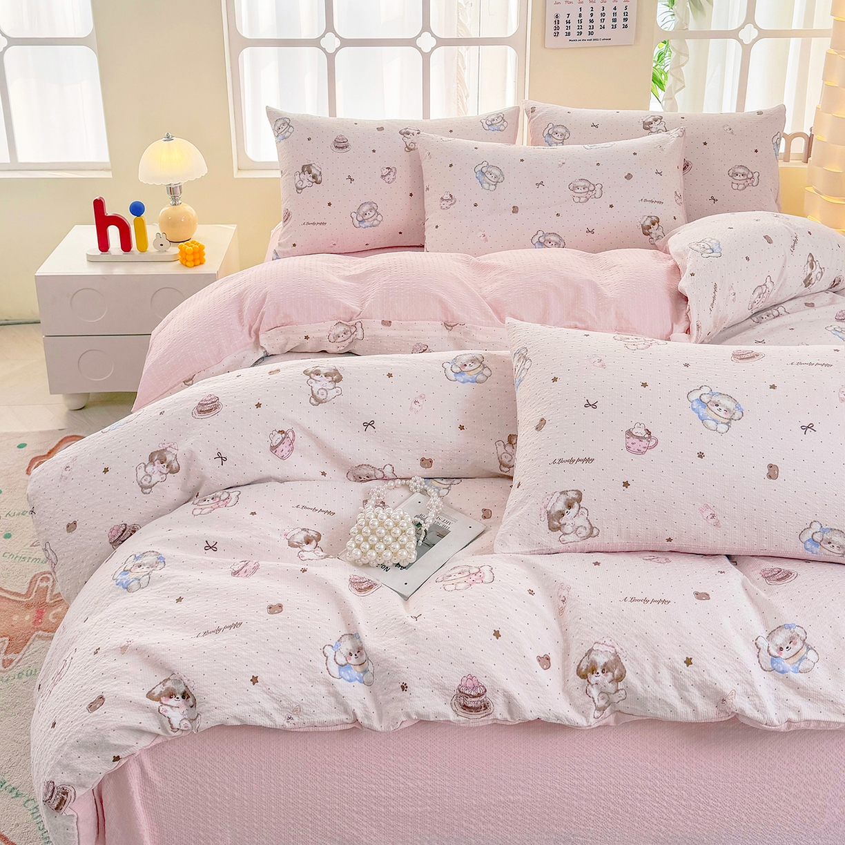 91家纺网 家纺一手货源 找家纺 悠米悠家 2026春夏新款高克重A类泡芙纱泡泡皱皱纱四件套 软糯萌犬-床单款