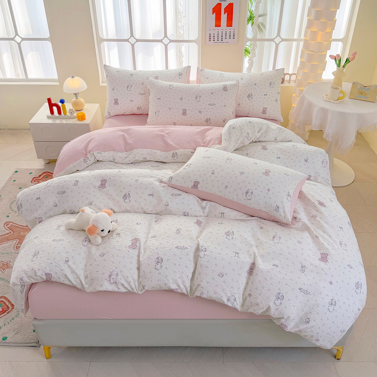 91家纺网 家纺一手货源 找家纺 悠米悠家 2026春夏新款高克重A类泡芙纱泡泡皱皱纱四件套 林间甜梦园-床单款