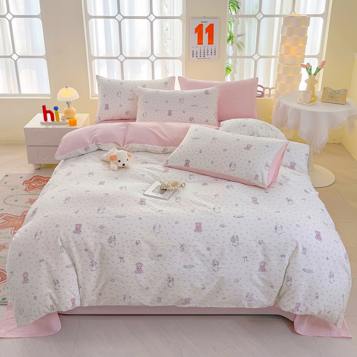 91家纺网 家纺一手货源 找家纺 悠米悠家 2026春夏新款高克重A类泡芙纱泡泡皱皱纱四件套 林间甜梦园-床单款