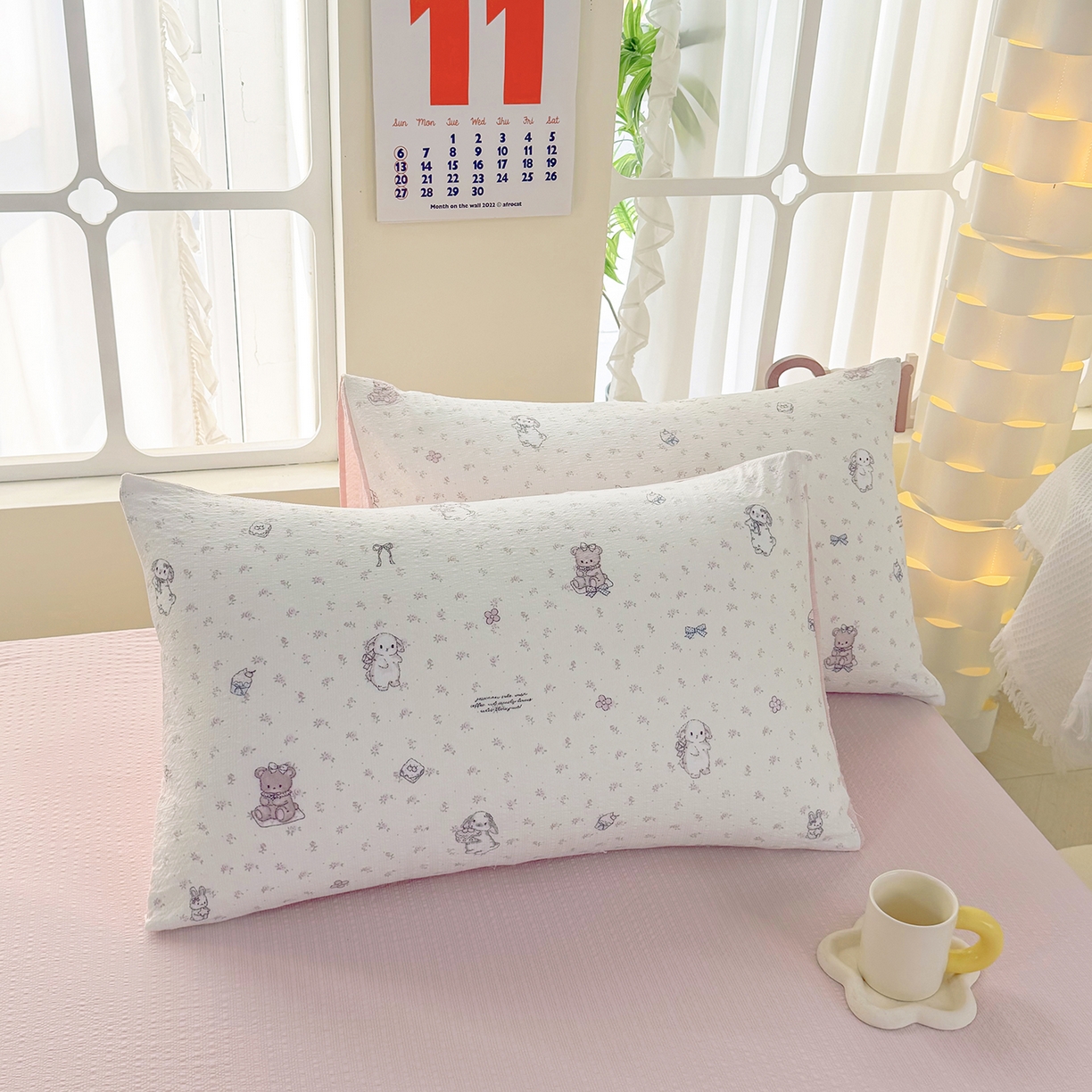 91家纺网 家纺一手货源 找家纺 悠米悠家 2026春夏新款高克重A类泡芙纱泡泡皱皱纱四件套 林间甜梦园-床单款