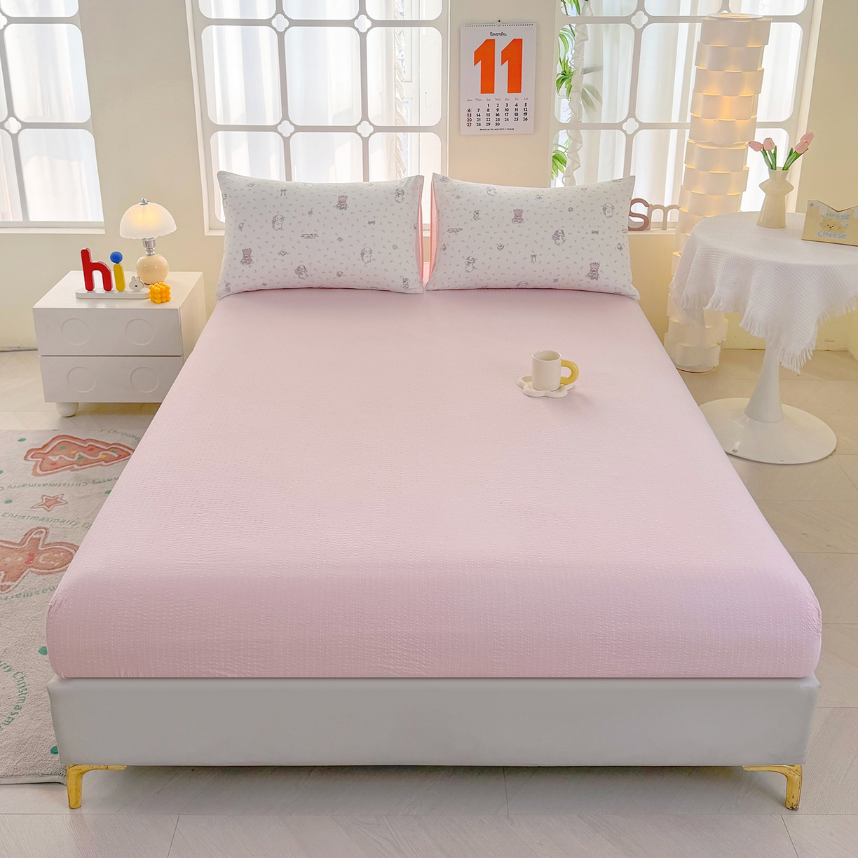 91家纺网 家纺一手货源 找家纺 悠米悠家 2026春夏新款高克重A类泡芙纱泡泡皱皱纱四件套 林间甜梦园-床单款