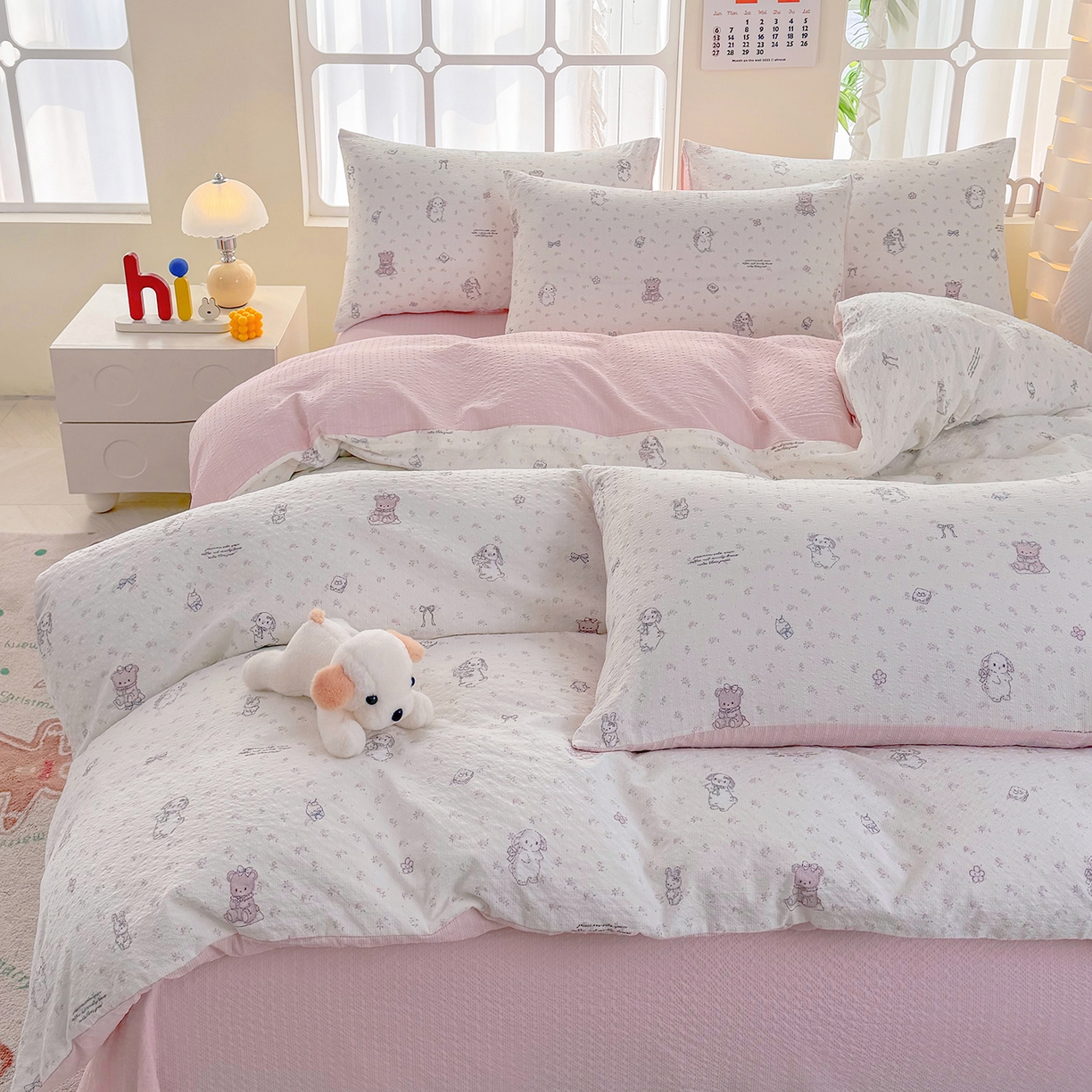 91家纺网 家纺一手货源 找家纺 悠米悠家 2026春夏新款高克重A类泡芙纱泡泡皱皱纱四件套 林间甜梦园-床单款