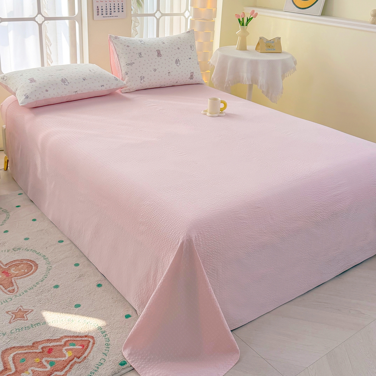 91家纺网 家纺一手货源 找家纺 悠米悠家 2026春夏新款高克重A类泡芙纱泡泡皱皱纱四件套 林间甜梦园-床单款