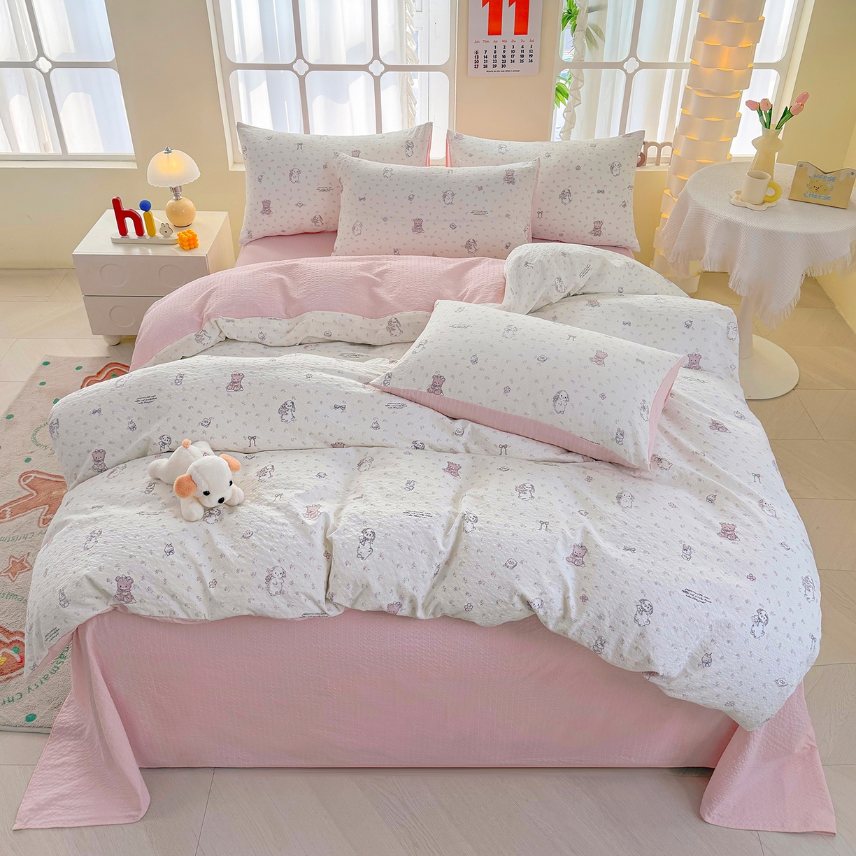 91家纺网 家纺一手货源 找家纺 悠米悠家 2026春夏新款高克重A类泡芙纱泡泡皱皱纱四件套 林间甜梦园-床单款