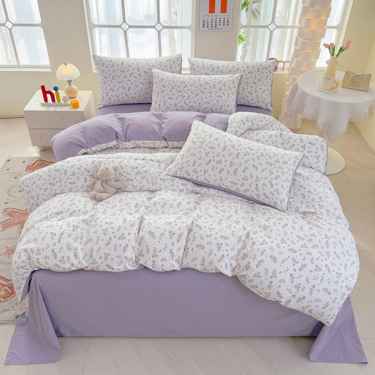 91家纺网 家纺一手货源 找家纺 悠米悠家 2026春夏新款高克重A类泡芙纱泡泡皱皱纱四件套 葡园晨曦-床单款