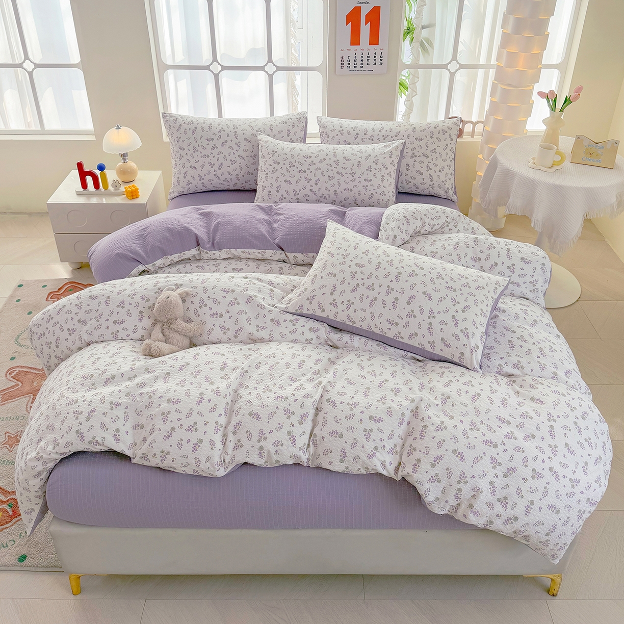 91家纺网 家纺一手货源 找家纺 悠米悠家 2026春夏新款高克重A类泡芙纱泡泡皱皱纱四件套 葡园晨曦-床单款