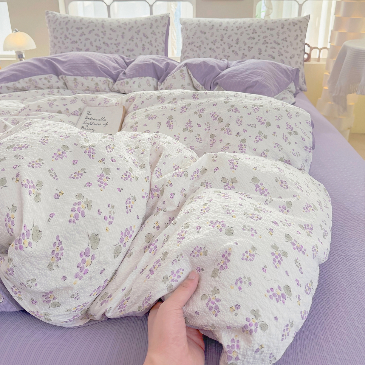 91家纺网 家纺一手货源 找家纺 悠米悠家 2026春夏新款高克重A类泡芙纱泡泡皱皱纱四件套 葡园晨曦-床单款