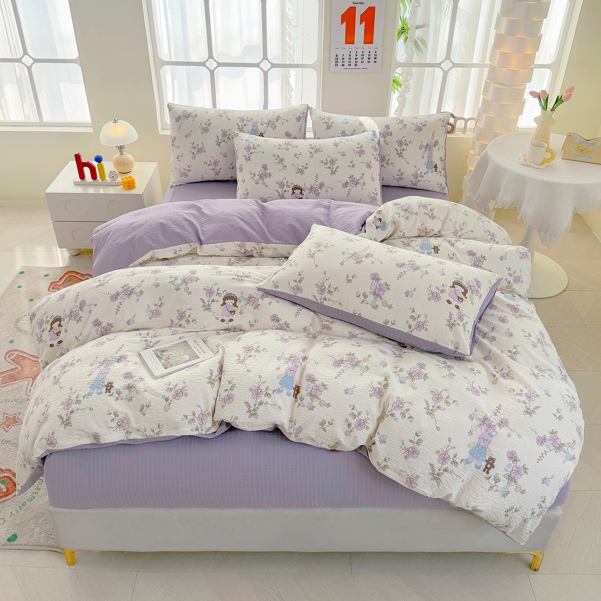 91家纺网 家纺一手货源 找家纺 悠米悠家 2026春夏新款高克重A类泡芙纱泡泡皱皱纱四件套 森眠小主-花园记-床单款