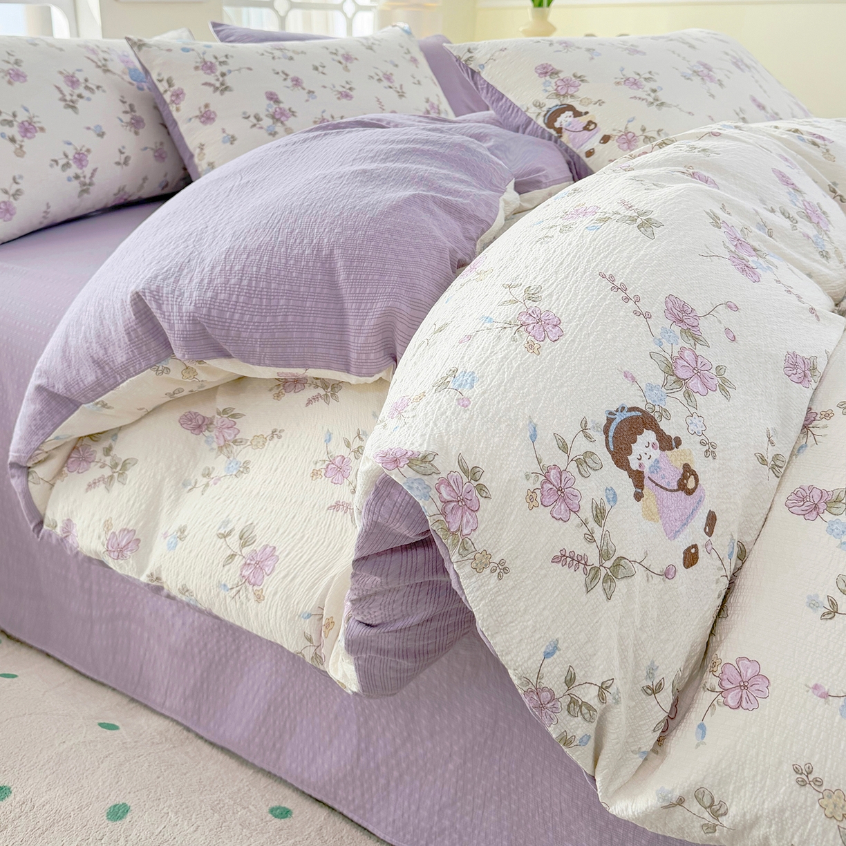 91家纺网 家纺一手货源 找家纺 悠米悠家 2026春夏新款高克重A类泡芙纱泡泡皱皱纱四件套 森眠小主-花园记-床单款