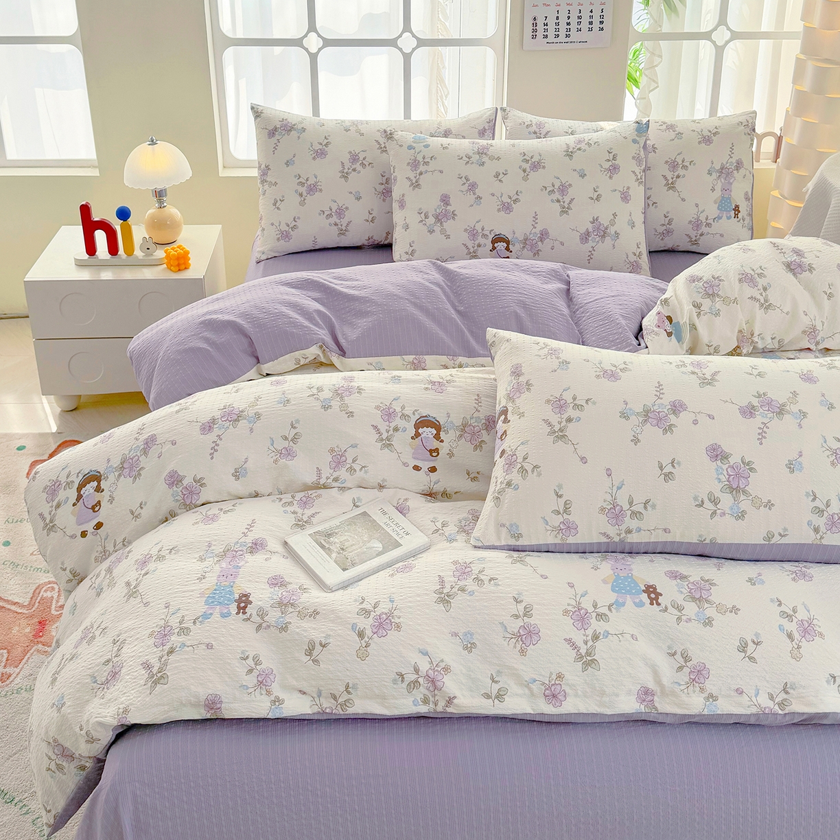 91家纺网 家纺一手货源 找家纺 悠米悠家 2026春夏新款高克重A类泡芙纱泡泡皱皱纱四件套 森眠小主-花园记-床单款