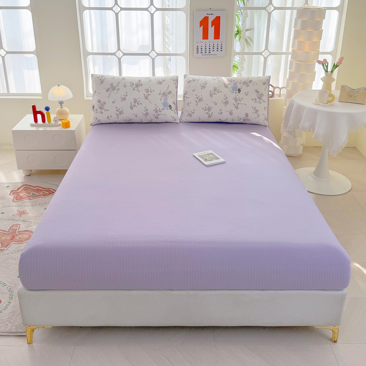 91家纺网 家纺一手货源 找家纺 悠米悠家 2026春夏新款高克重A类泡芙纱泡泡皱皱纱四件套 森眠小主-花园记-床单款