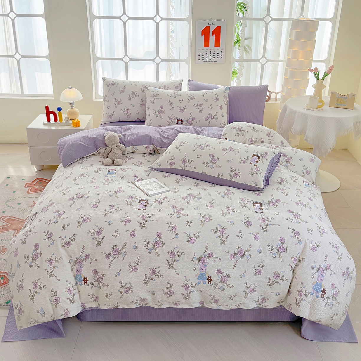 91家纺网 家纺一手货源 找家纺 悠米悠家 2026春夏新款高克重A类泡芙纱泡泡皱皱纱四件套 森眠小主-花园记-床单款