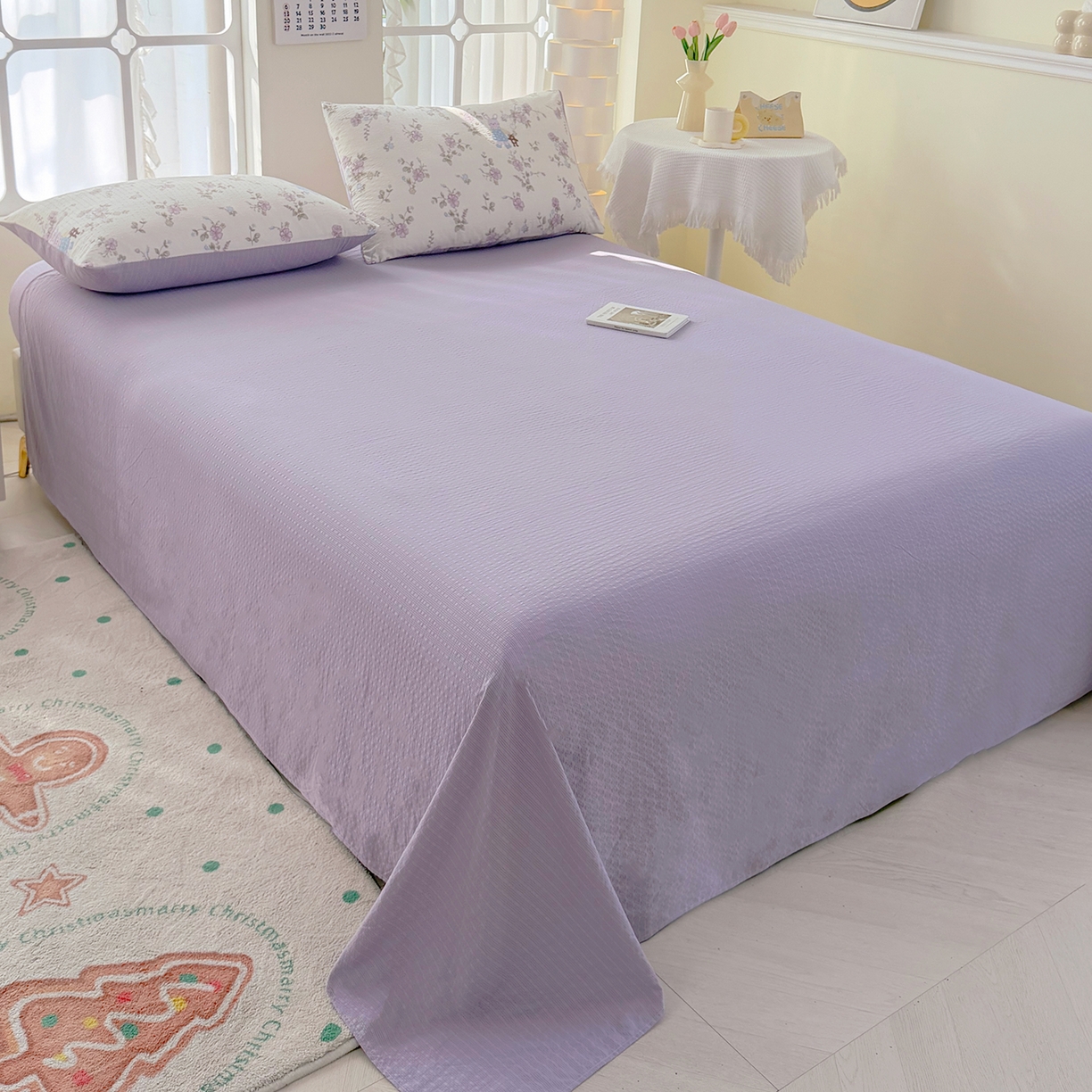 91家纺网 家纺一手货源 找家纺 悠米悠家 2026春夏新款高克重A类泡芙纱泡泡皱皱纱四件套 森眠小主-花园记-床单款