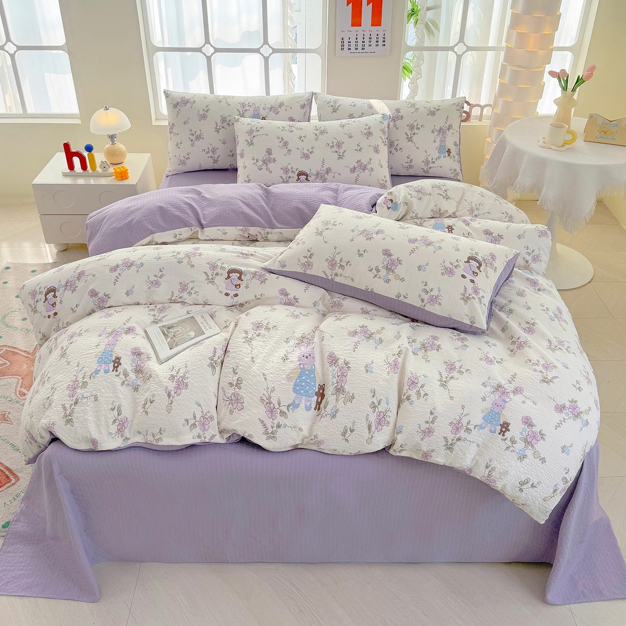 91家纺网 家纺一手货源 找家纺 悠米悠家 2026春夏新款高克重A类泡芙纱泡泡皱皱纱四件套 森眠小主-花园记-床单款