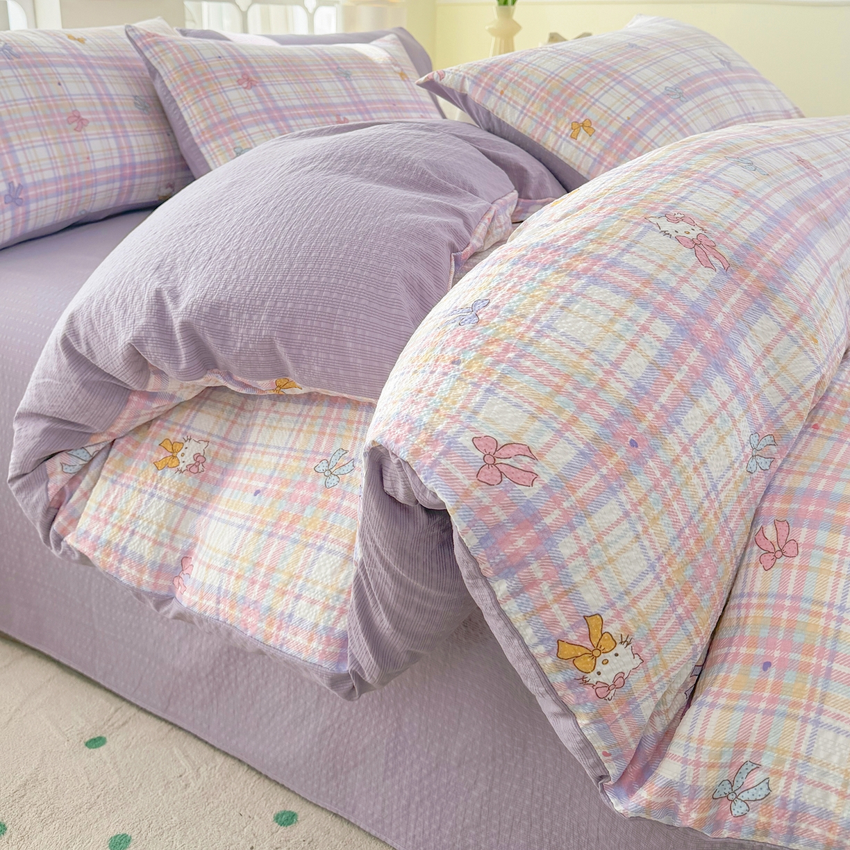 91家纺网 家纺一手货源 找家纺 悠米悠家 2026春夏新款高克重A类泡芙纱泡泡皱皱纱四件套 萌猫结伴-床单款