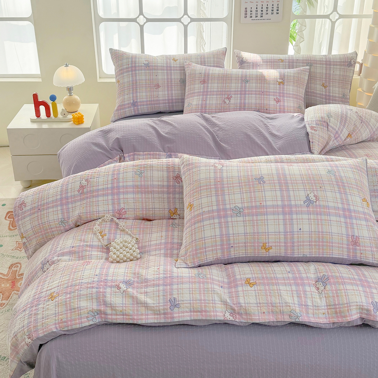 91家纺网 家纺一手货源 找家纺 悠米悠家 2026春夏新款高克重A类泡芙纱泡泡皱皱纱四件套 萌猫结伴-床单款