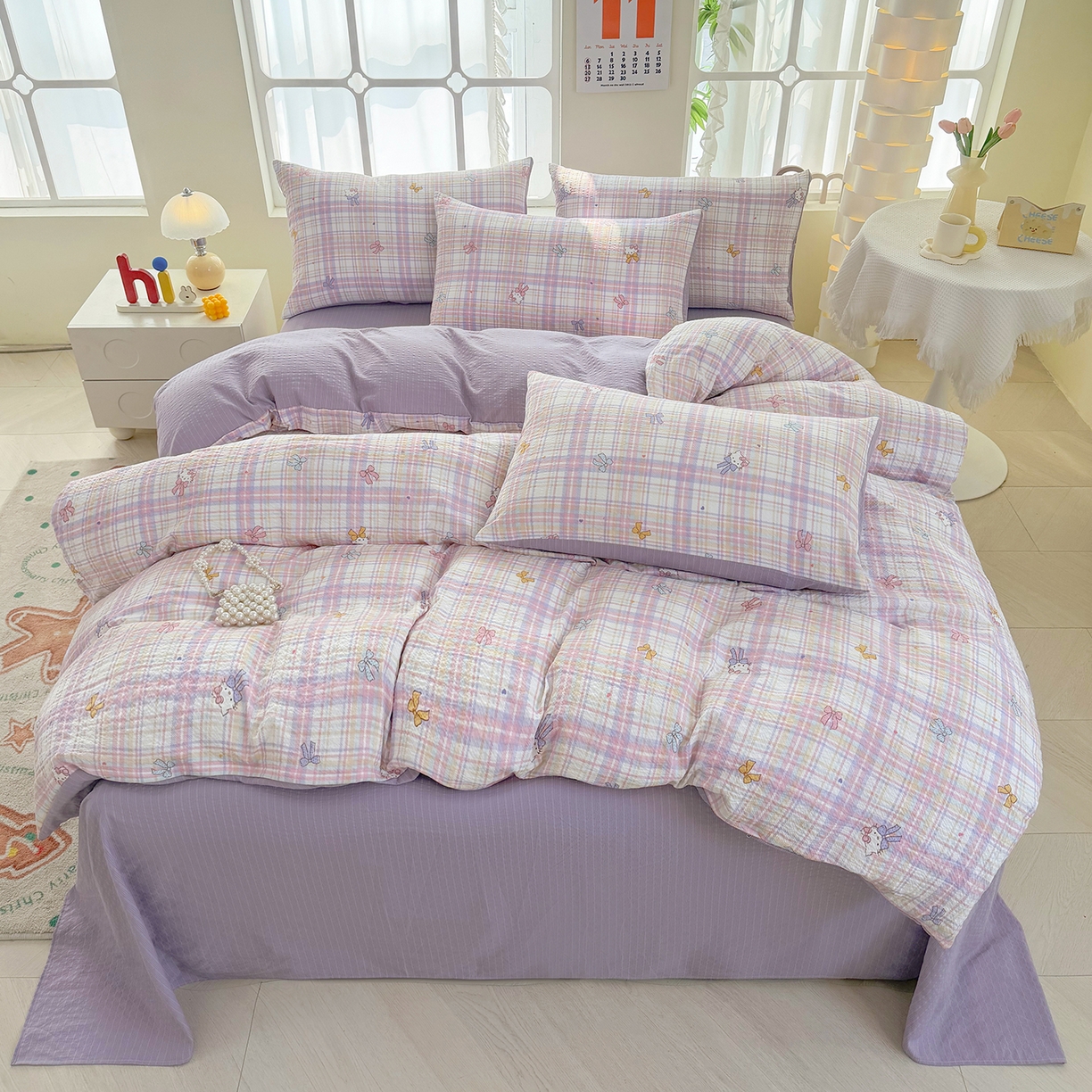 91家纺网 家纺一手货源 找家纺 悠米悠家 2026春夏新款高克重A类泡芙纱泡泡皱皱纱四件套 萌猫结伴-床单款