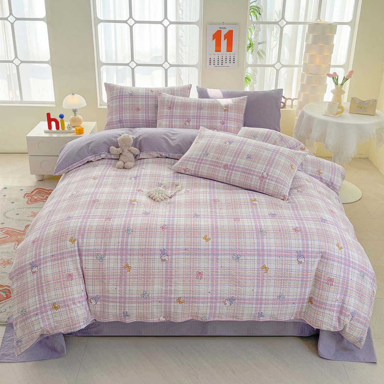 91家纺网 家纺一手货源 找家纺 悠米悠家 2026春夏新款高克重A类泡芙纱泡泡皱皱纱四件套 萌猫结伴-床单款