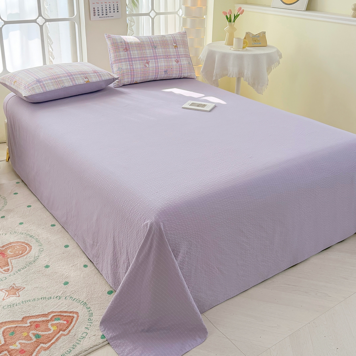 91家纺网 家纺一手货源 找家纺 悠米悠家 2026春夏新款高克重A类泡芙纱泡泡皱皱纱四件套 萌猫结伴-床单款