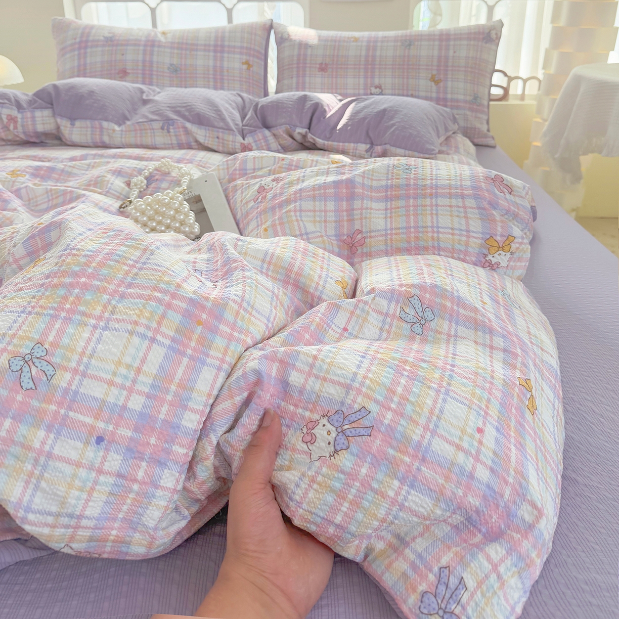 91家纺网 家纺一手货源 找家纺 悠米悠家 2026春夏新款高克重A类泡芙纱泡泡皱皱纱四件套 萌猫结伴-床单款