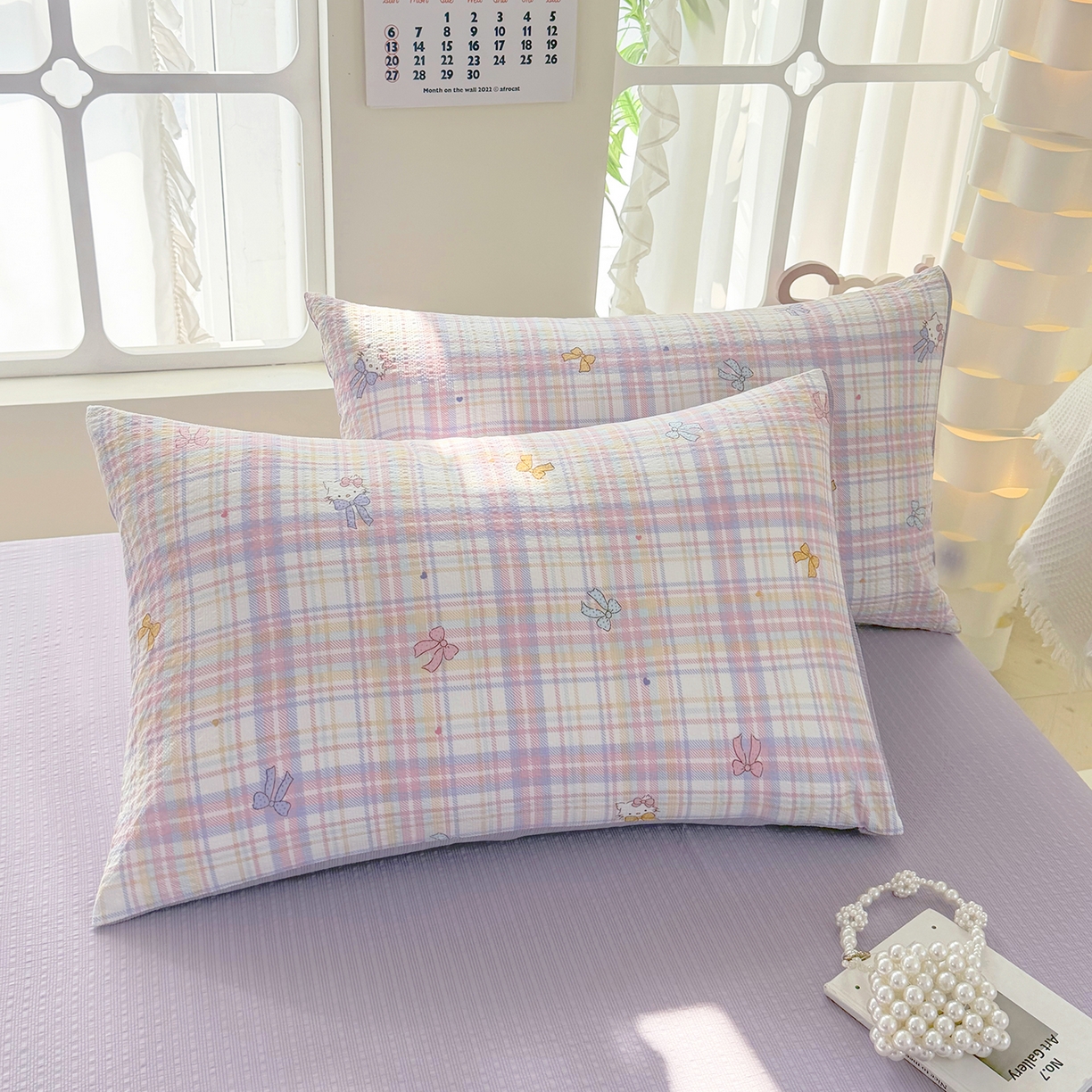 91家纺网 家纺一手货源 找家纺 悠米悠家 2026春夏新款高克重A类泡芙纱泡泡皱皱纱四件套 萌猫结伴-床单款