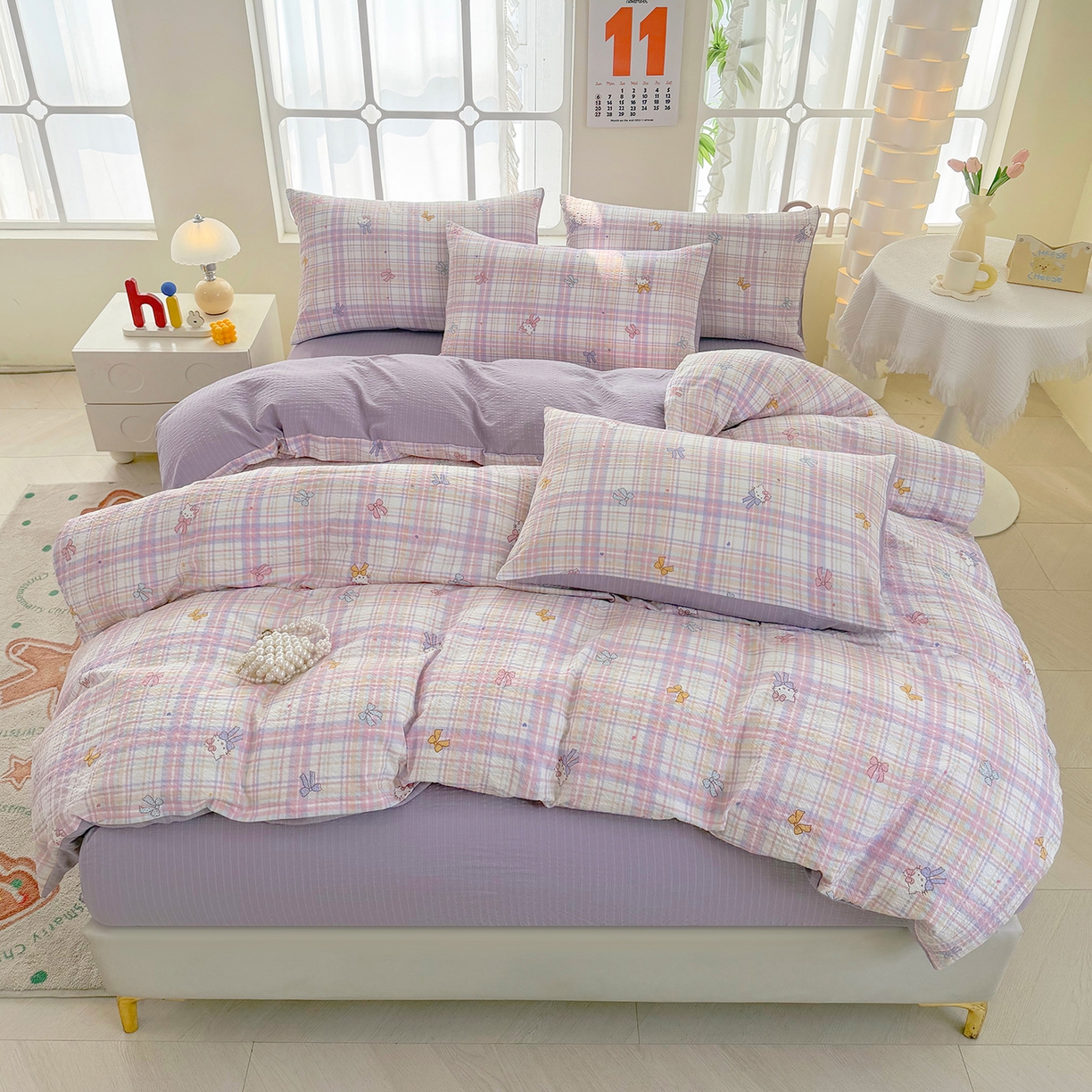 91家纺网 家纺一手货源 找家纺 悠米悠家 2026春夏新款高克重A类泡芙纱泡泡皱皱纱四件套 萌猫结伴-床单款