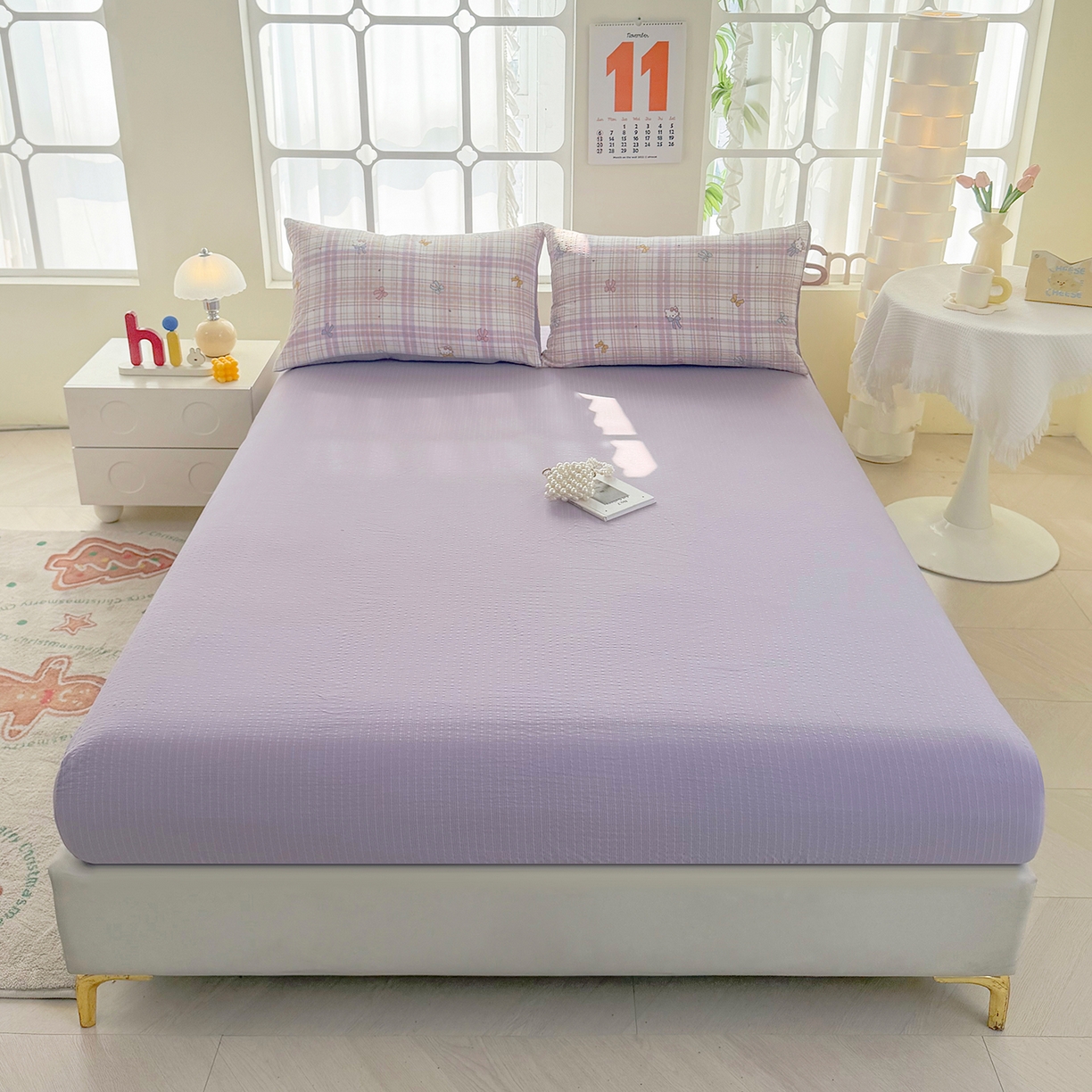 91家纺网 家纺一手货源 找家纺 悠米悠家 2026春夏新款高克重A类泡芙纱泡泡皱皱纱四件套 萌猫结伴-床单款