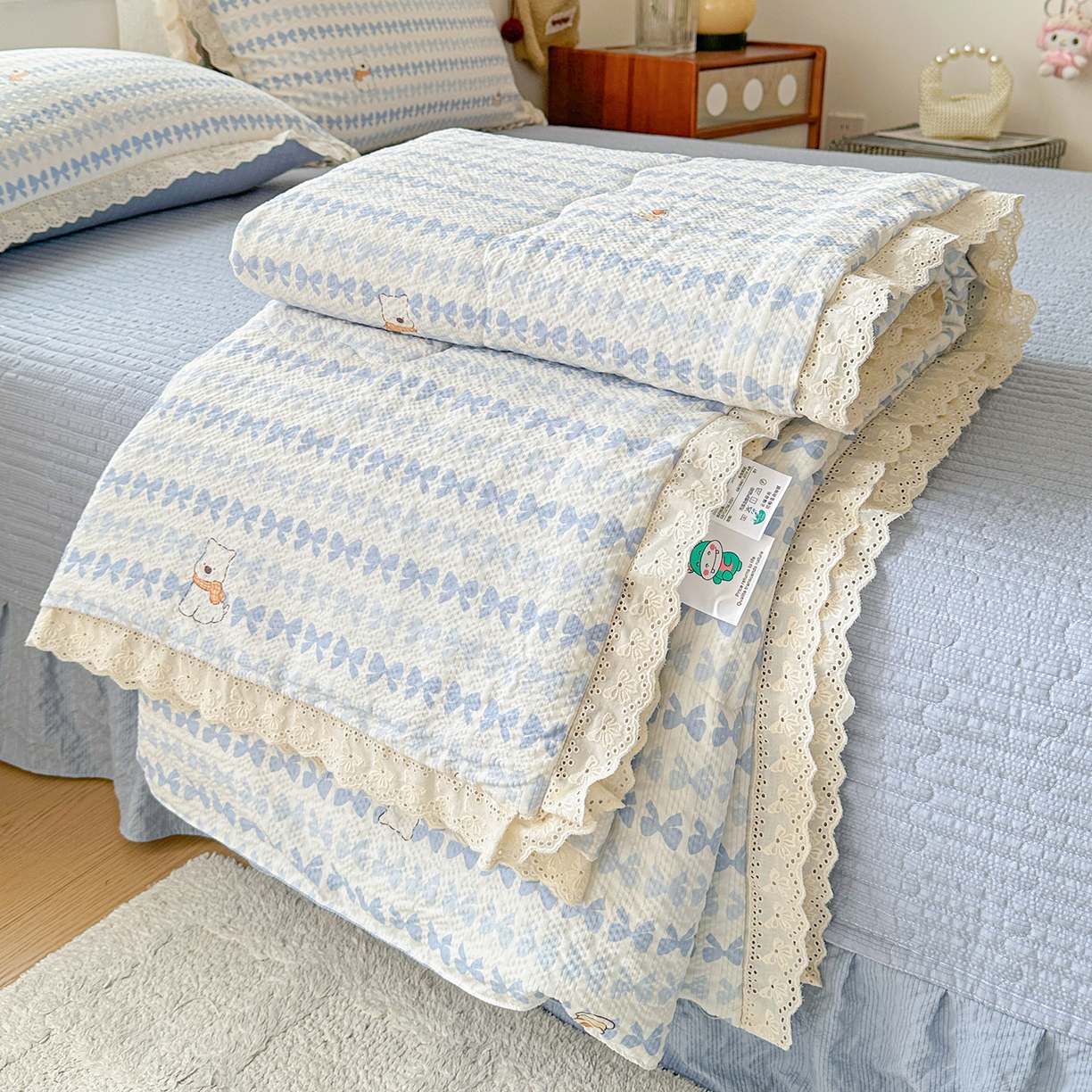 91家纺网 家纺一手货源 找家纺 （总）富米莱（原臻工厂） 2026新款全新花边款泡芙双层纱夏凉被床盖床裙四件套