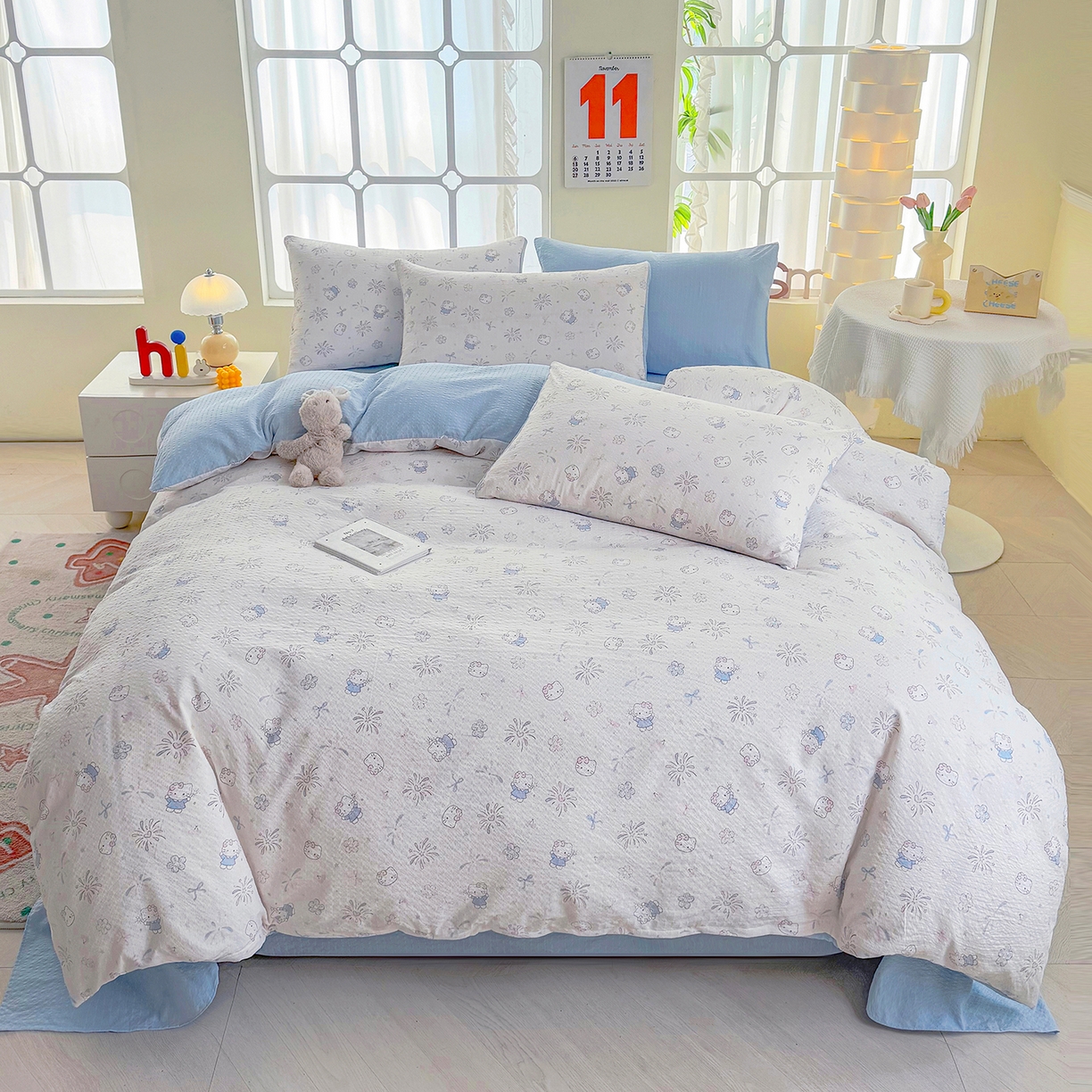 91家纺网 家纺一手货源 找家纺 悠米悠家 2026春夏新款高克重A类泡芙纱泡泡皱皱纱四件套 星语甜梦-床单款