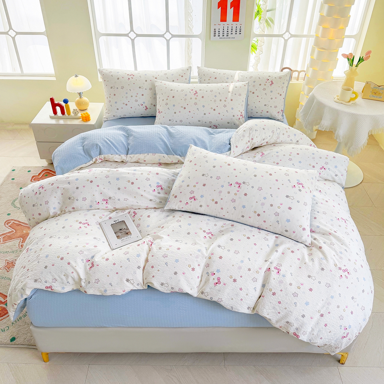 91家纺网 家纺一手货源 找家纺 悠米悠家 2026春夏新款高克重A类泡芙纱泡泡皱皱纱四件套 星语甜梦-床单款