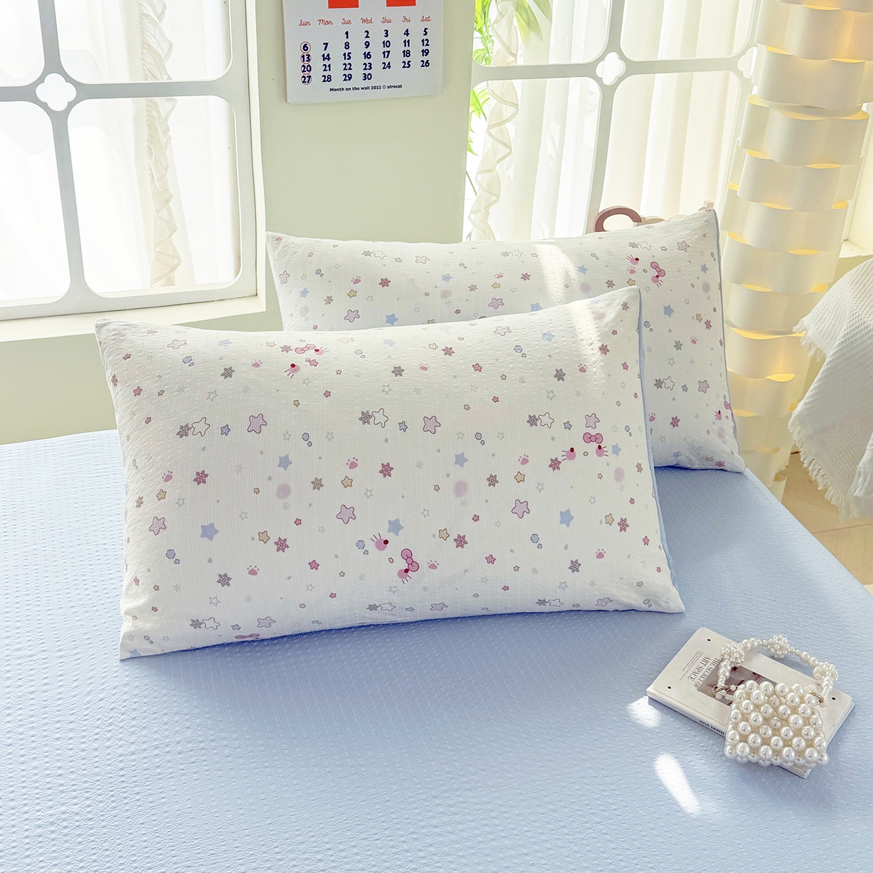 91家纺网 家纺一手货源 找家纺 悠米悠家 2026春夏新款高克重A类泡芙纱泡泡皱皱纱四件套 星语甜梦-床单款