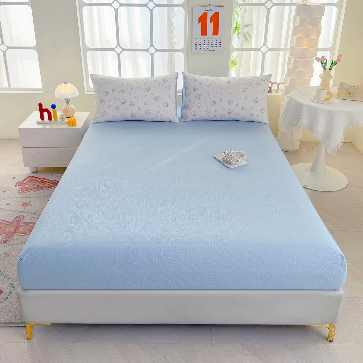 91家纺网 家纺一手货源 找家纺 悠米悠家 2026春夏新款高克重A类泡芙纱泡泡皱皱纱四件套 星语甜梦-床单款