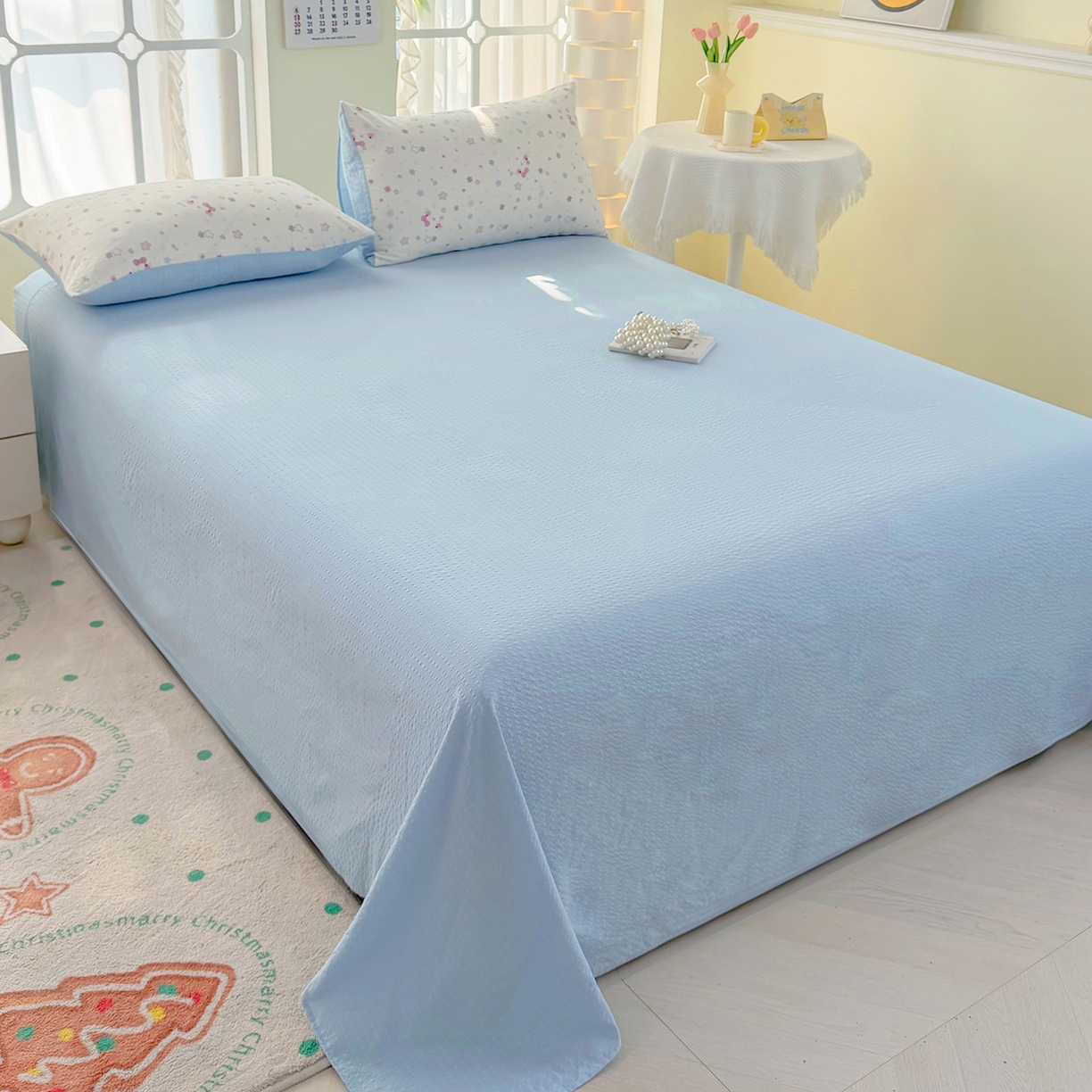 91家纺网 家纺一手货源 找家纺 悠米悠家 2026春夏新款高克重A类泡芙纱泡泡皱皱纱四件套 星语甜梦-床单款