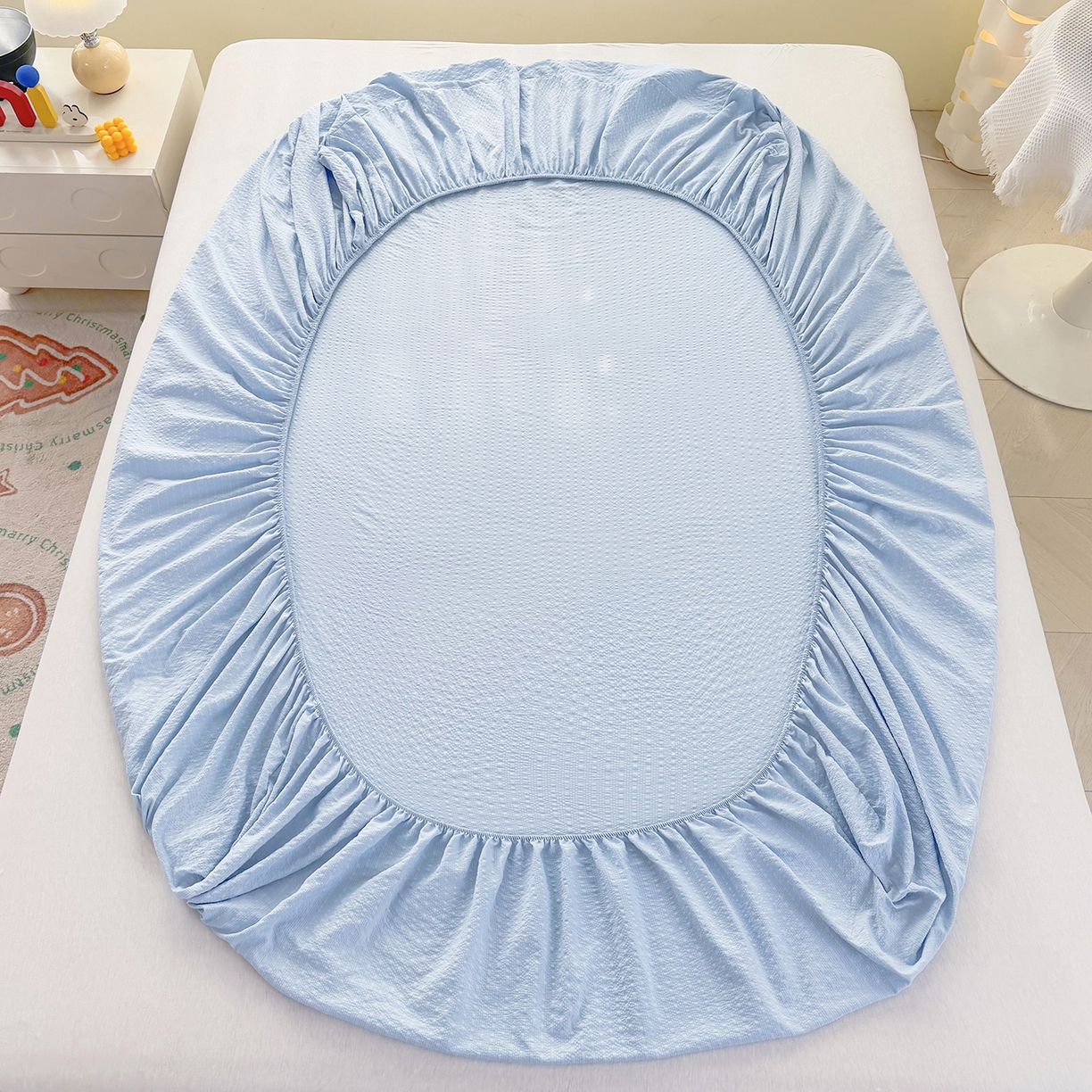 91家纺网 家纺一手货源 找家纺 悠米悠家 2026春夏新款高克重A类泡芙纱泡泡皱皱纱四件套 星语甜梦-床单款