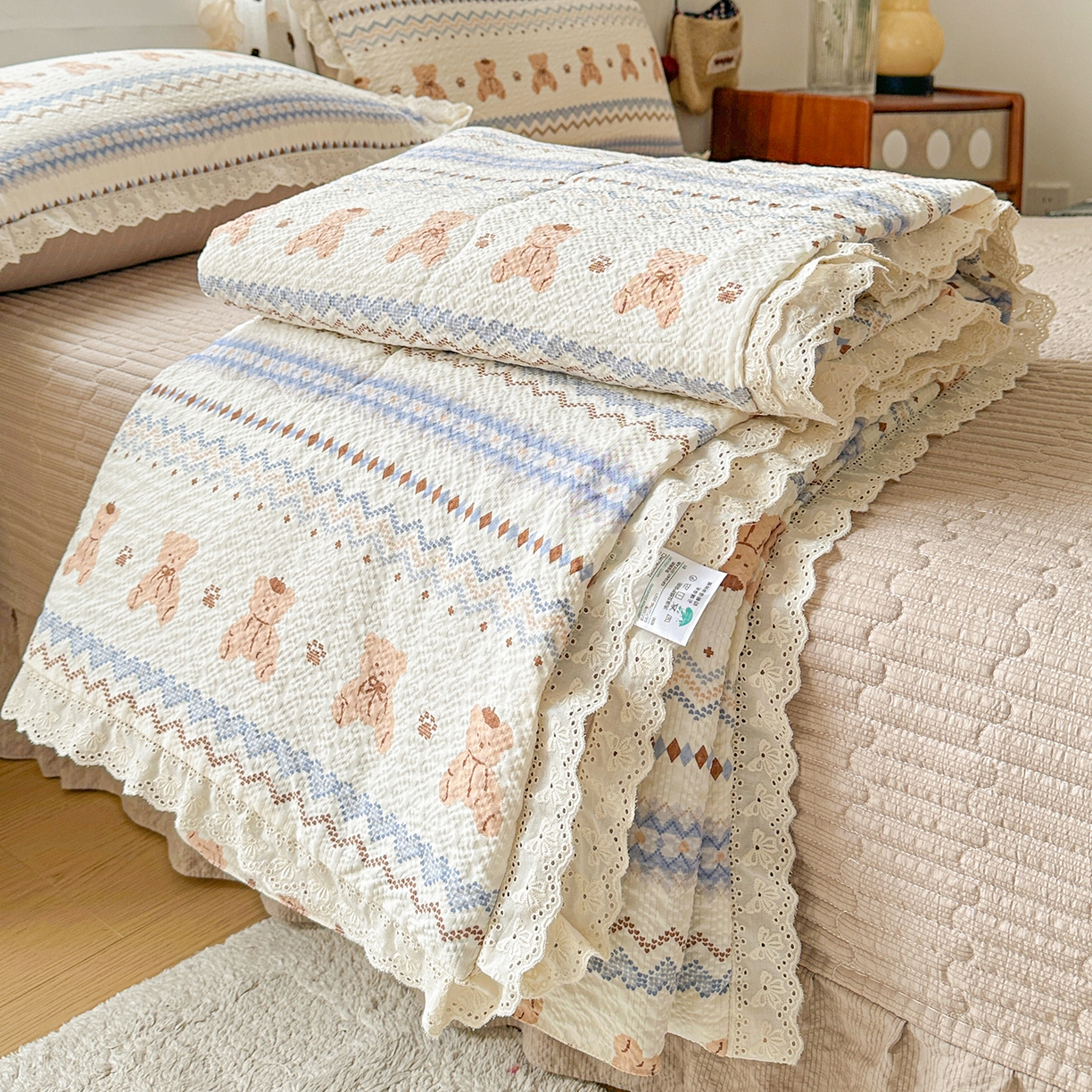 富米莱（原臻工厂） 2026新款全新花边款泡芙双层纱夏凉被床盖床裙四件套 蕾丝花边-波西米亚小熊