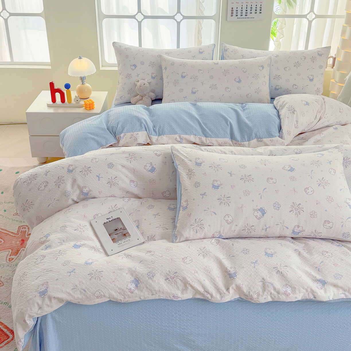 91家纺网 家纺一手货源 找家纺 悠米悠家 2026春夏新款高克重A类泡芙纱泡泡皱皱纱四件套 星语甜梦-床单款