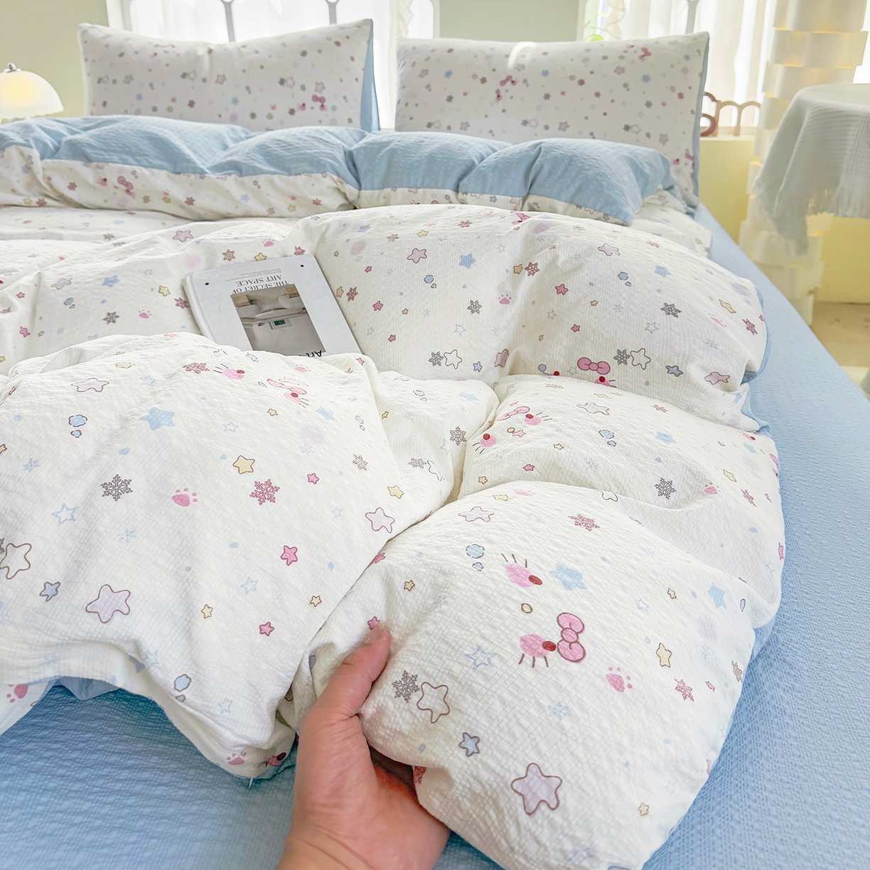 91家纺网 家纺一手货源 找家纺 悠米悠家 2026春夏新款高克重A类泡芙纱泡泡皱皱纱四件套 星语甜梦-床单款